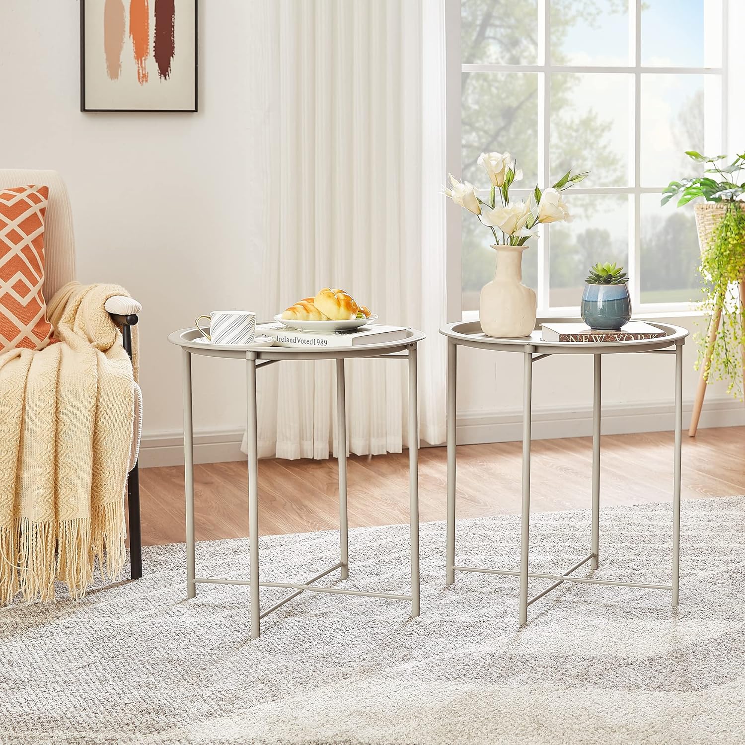 VECELO Metal Round End/Side Table with Removable Tray Small Folding Anti-Rust Nightstand