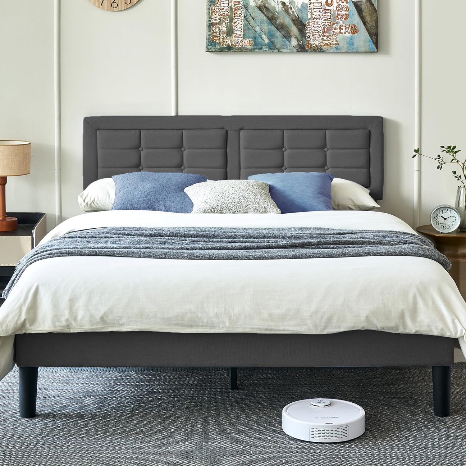 VECELO Upholstered Platform Bed Frame with Height Adjustable Headboard - VECELO