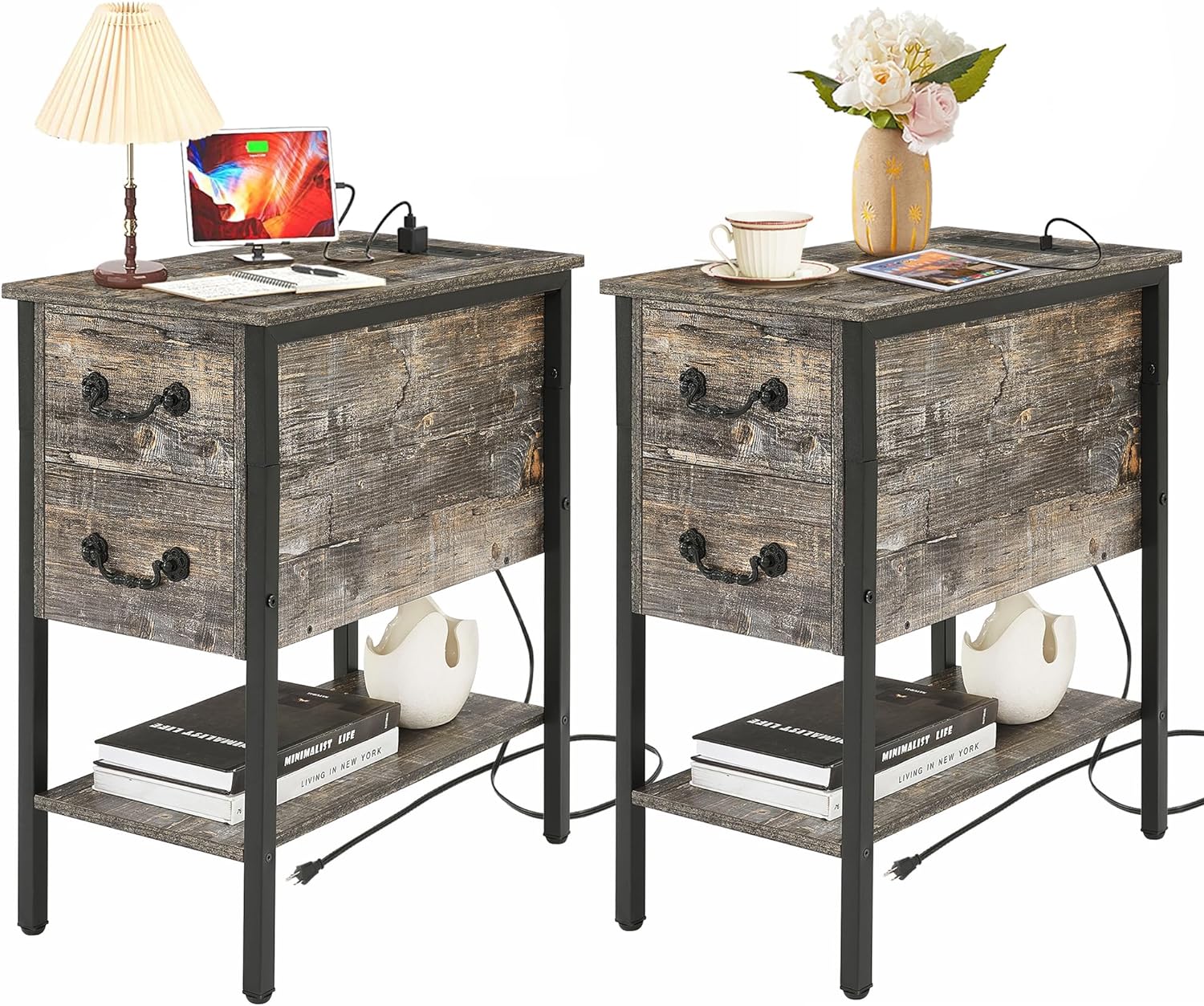 VECELO End Tables,Narrow Nightstands with Charging Station & USB Ports &Drawers - VECELO