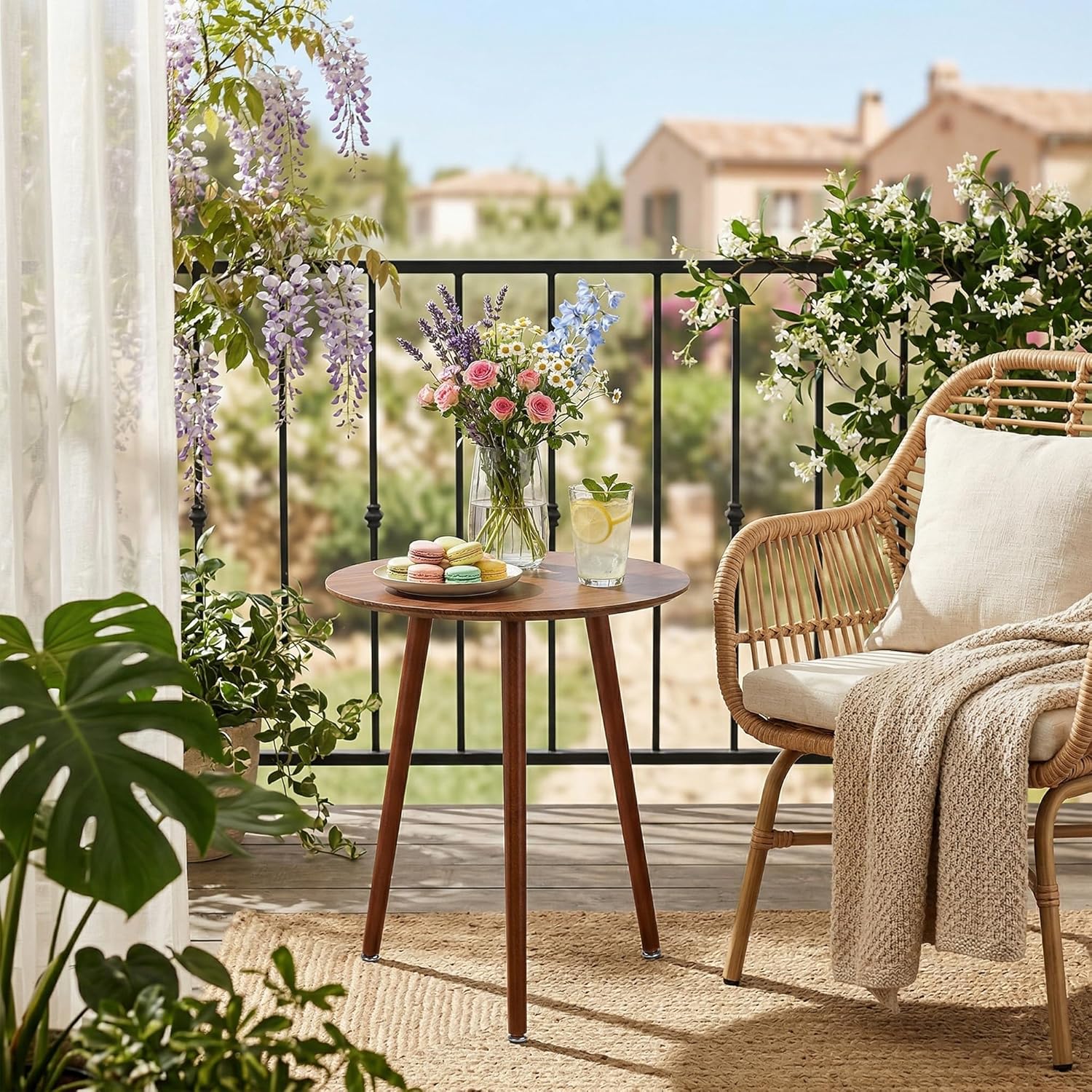 VECELO Round Wooden Side End Table with Adjustable Foot for Indoor Outdoor