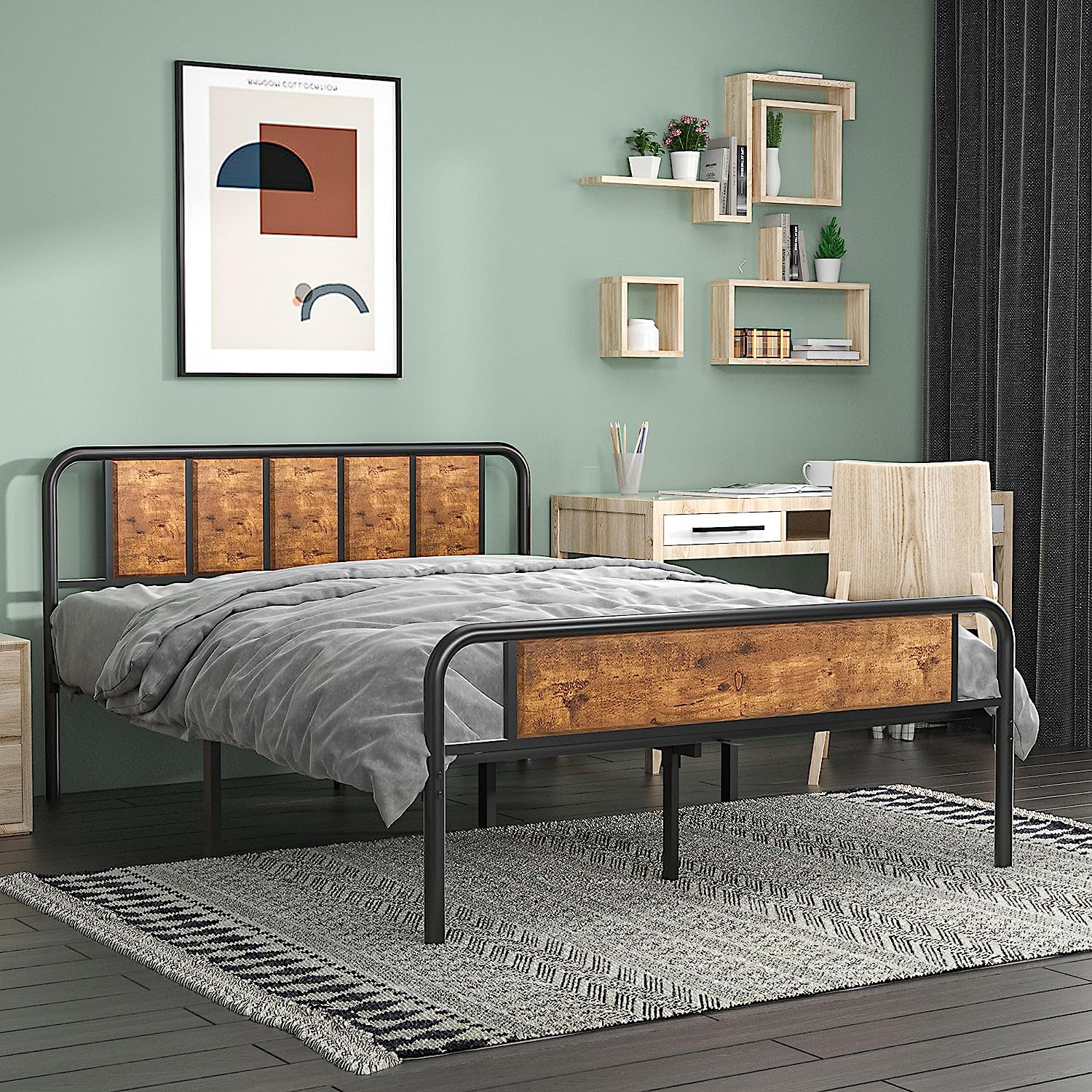 VECELO Bed Frame Metal Platform with Wooden Headboard Footboard Heavy Duty Mattress Foundation - VECELO