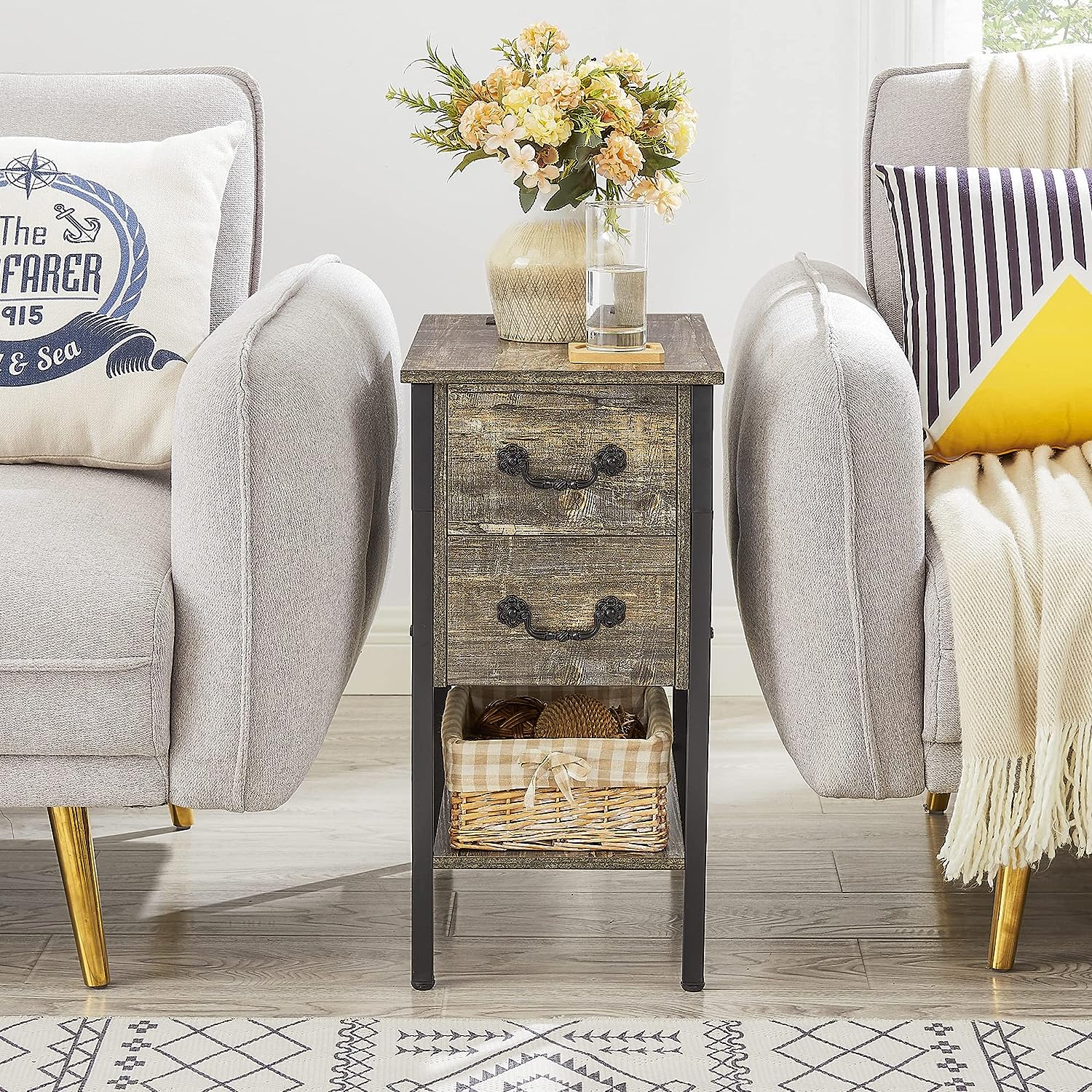 VECELO End Tables,Narrow Nightstands with Charging Station & USB Ports &Drawers - VECELO