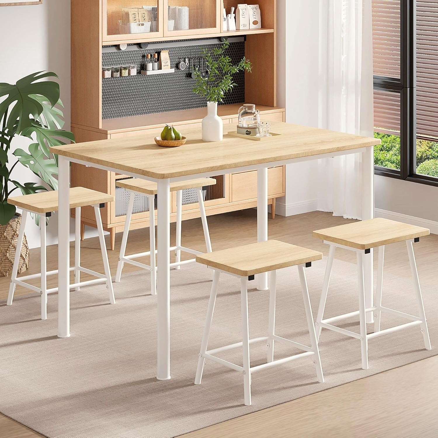 VECELO 5-Piece Dining Table Set Metal and Wood Kitchen Furniture with 4 Stools
