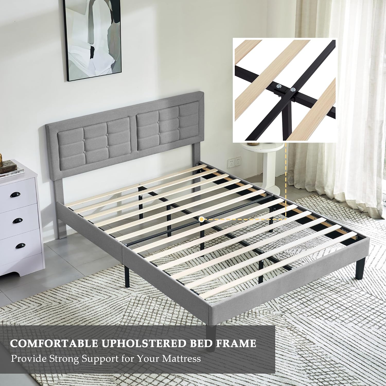 VECELO Upholstered Platform Bed Frame with Height Adjustable Headboard - VECELO