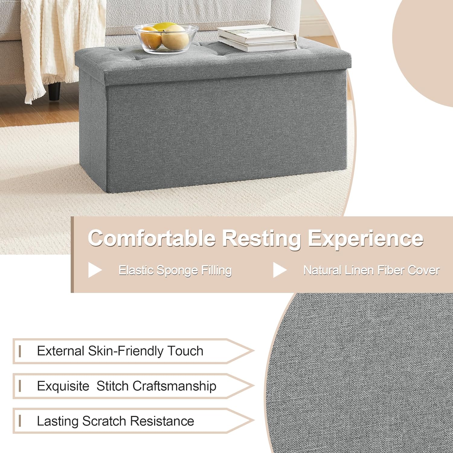 VECELO Folding Storage Ottoman Bench, Storage Chest, Linen Fabric - VECELO