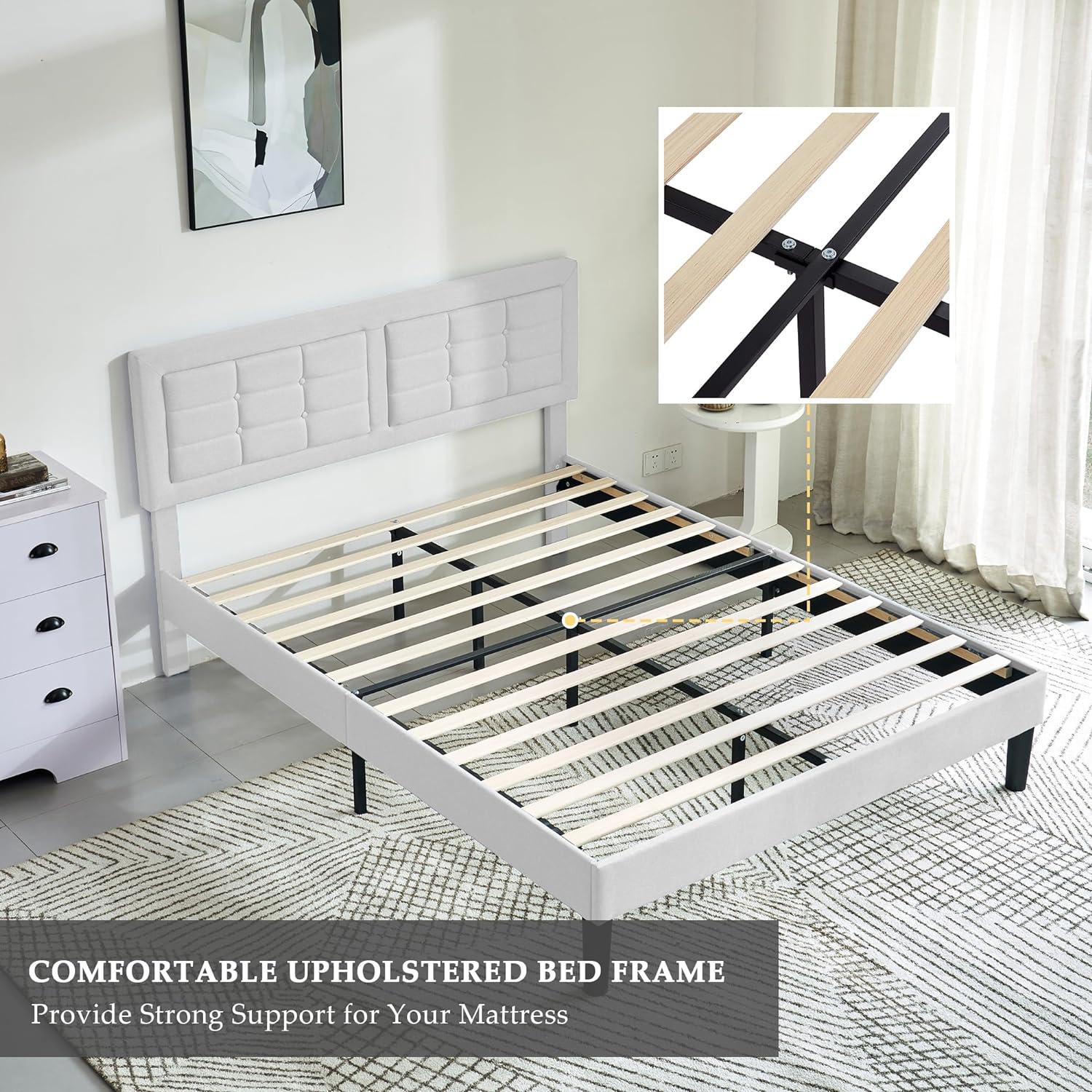 VECELO Upholstered Platform Bed Frame with Height Adjustable Headboard - VECELO