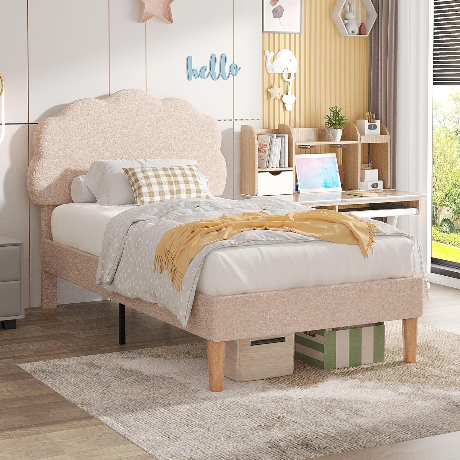 VECELO Twin Size Bed Frame, Upholstered Platform Bedframe with Height Adjustable Plush Fabric Headboard
