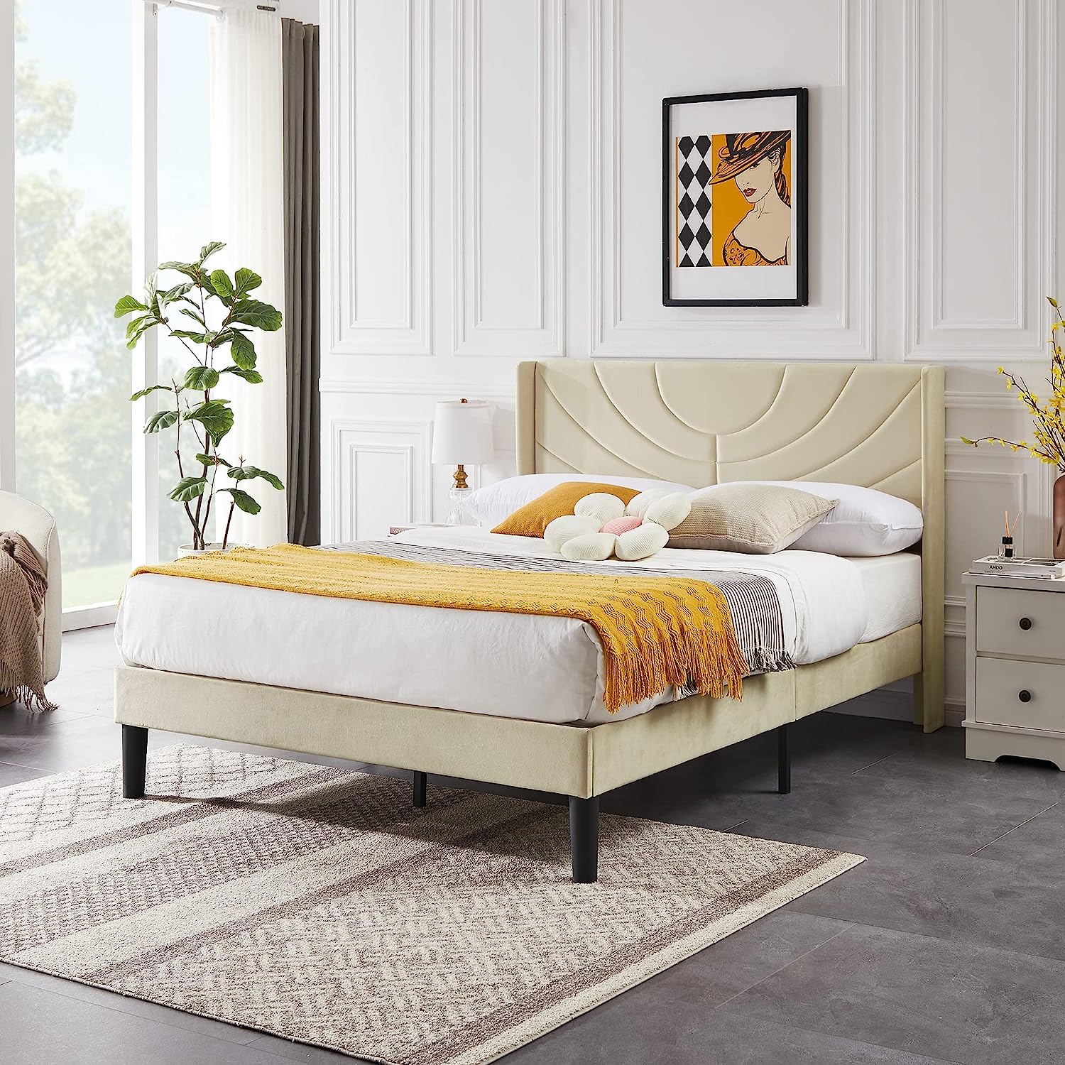 VECELO Upholstered Platform Bed Frame with Adjustable Fabric Headboard