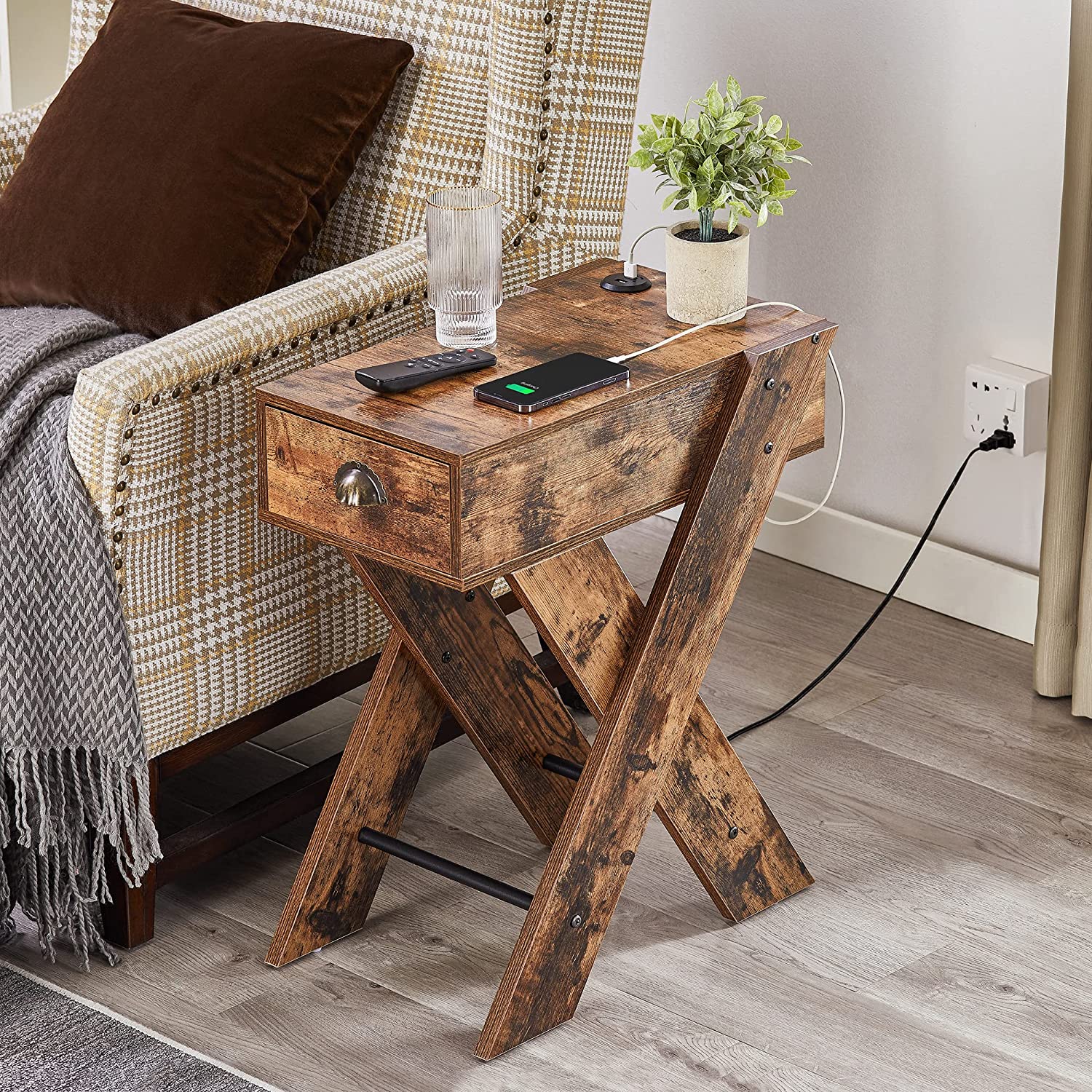 VECELO End Side Table with Charging Station Narrow Nightstand with Drawer& USB Ports - VECELO