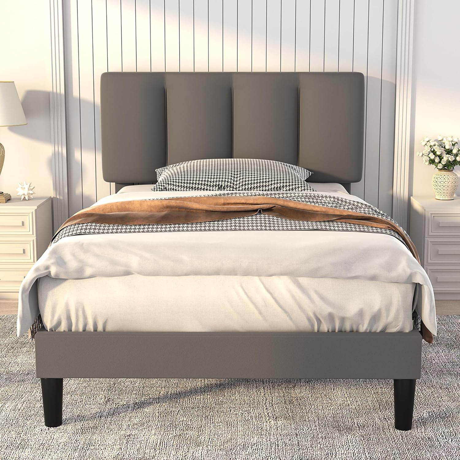 VECELO Modern Upholstered Platform Bedframe, Adjustable Headboard