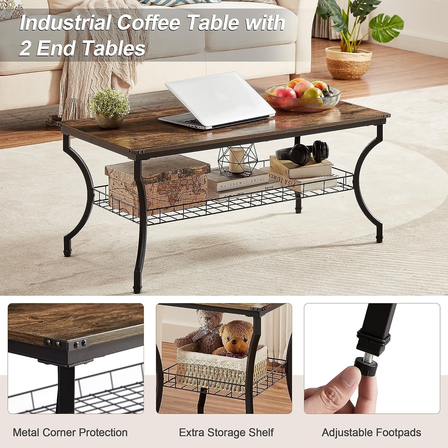 VECELO 3 Pieces Living Room Sets Coffee and End Tables - VECELO
