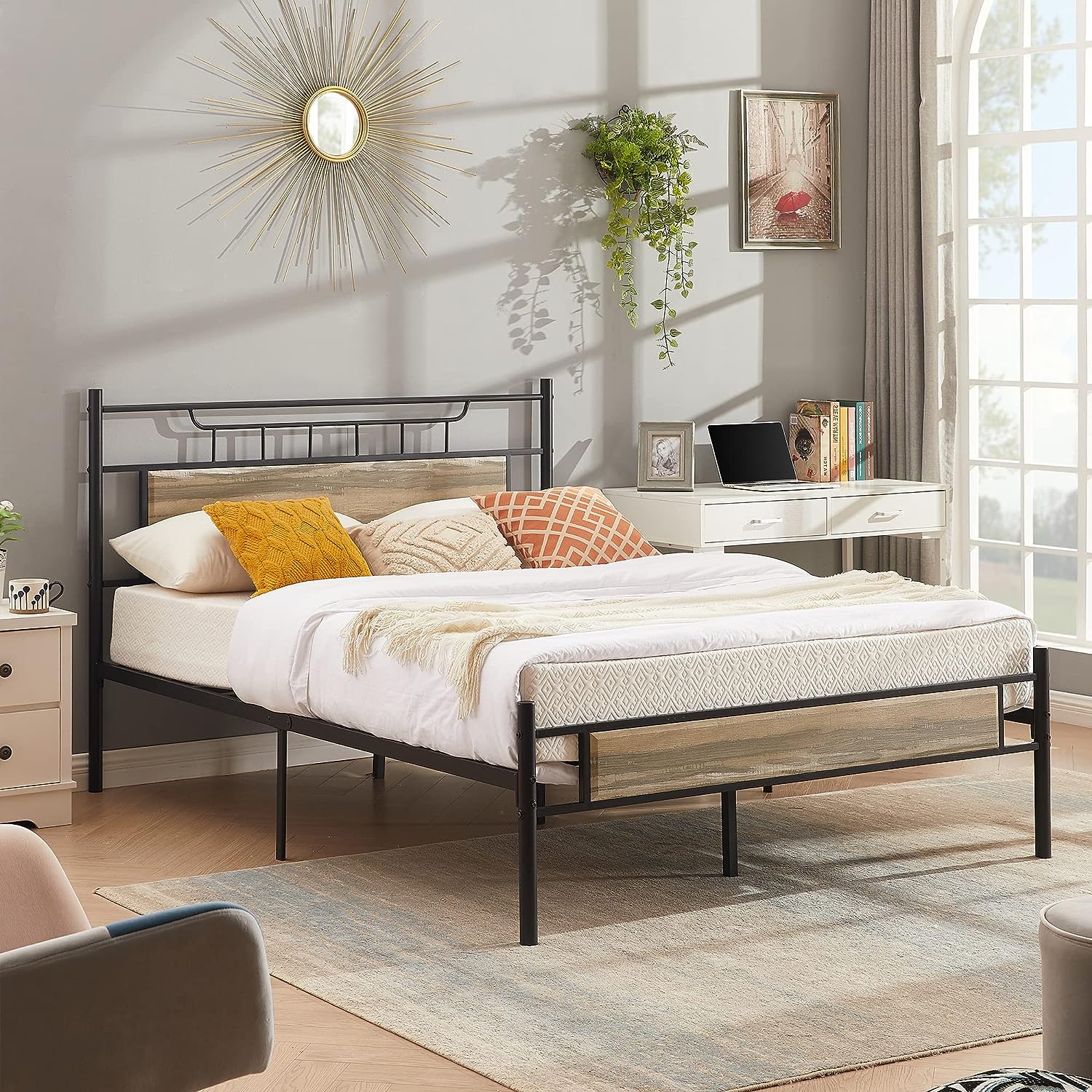 VECELO Platform Bed Frame with Wood Headboard No Box Spring Needed Heavy Duty Steel Slat