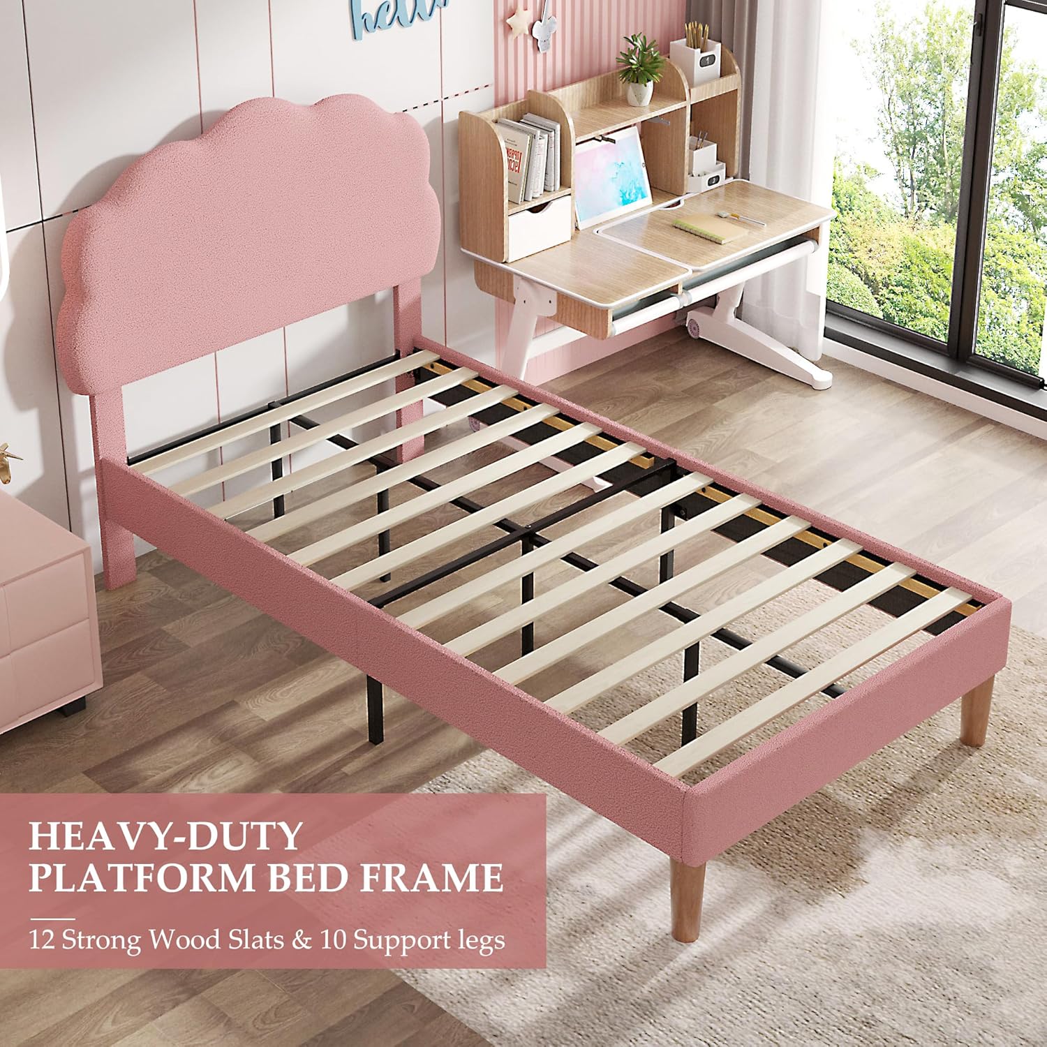 VECELO Twin Size Bed Frame, Upholstered Platform Bedframe with Height Adjustable Plush Fabric Headboard