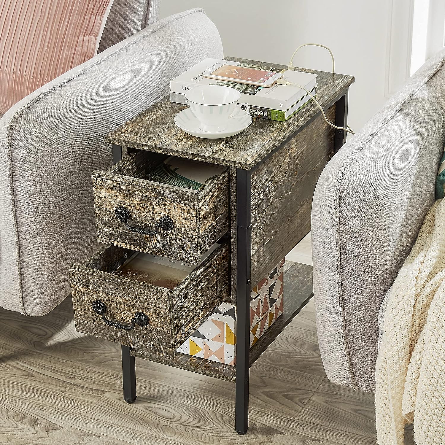 VECELO End Tables,Narrow Nightstands with Charging Station & USB Ports &Drawers - VECELO