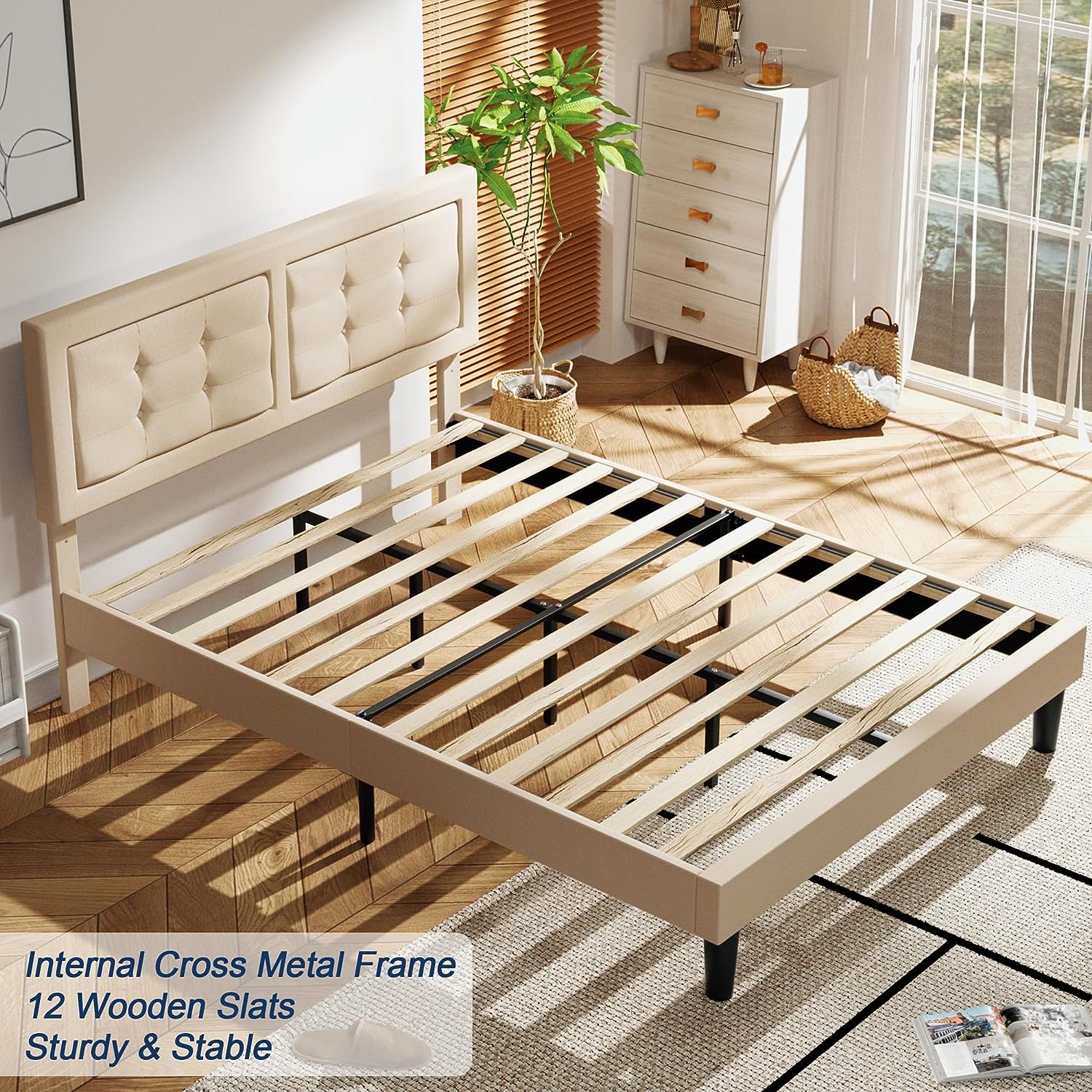 VECELO Upholstered Platform Bed Frame with Height Adjustable Headboard - VECELO
