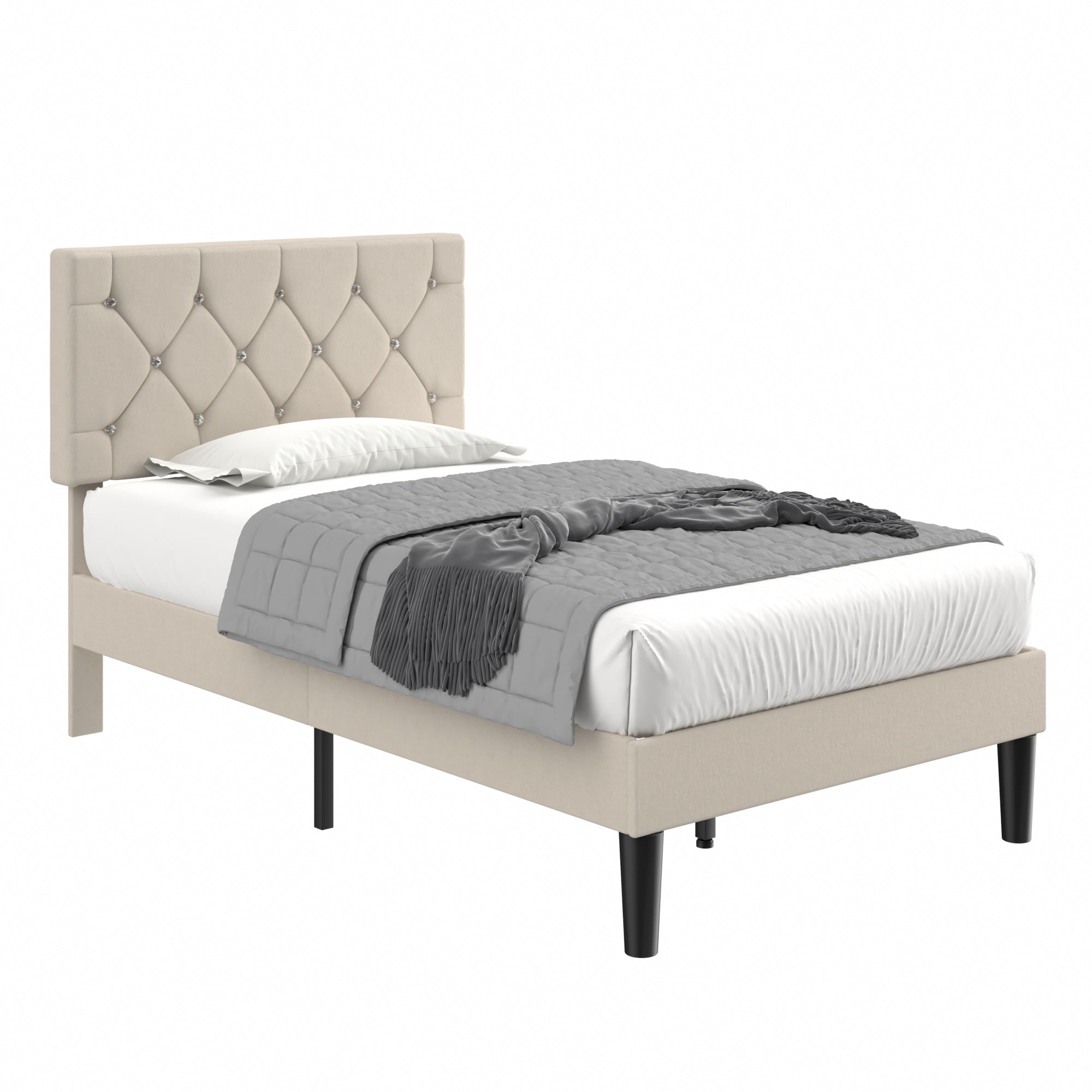 VECELO Twin Size Bed Frame, Upholstered Platform with Adjustable Diamond Tufted Headboard
