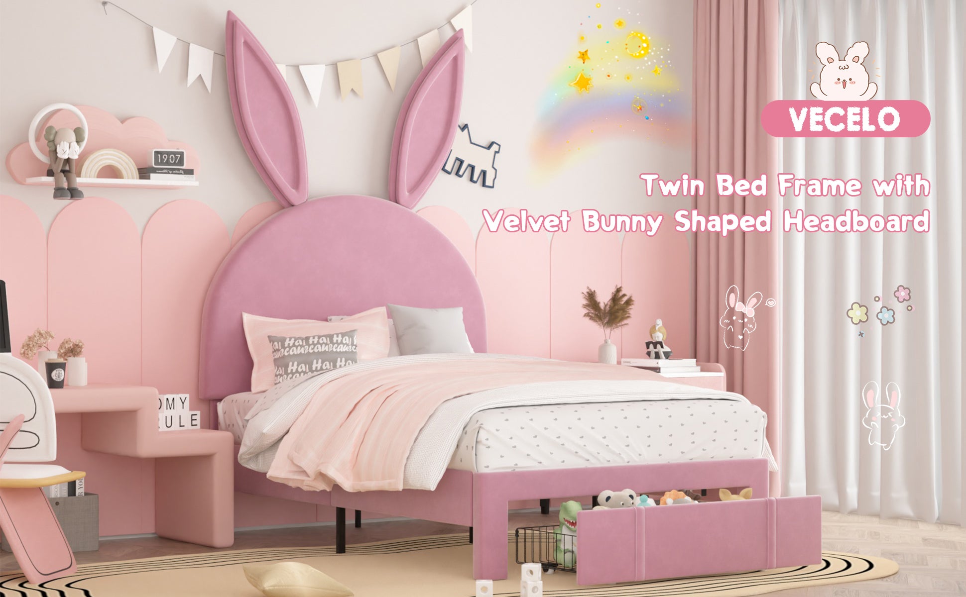 VECELO Twin Upholstered Bed Frame with Storage Drawer