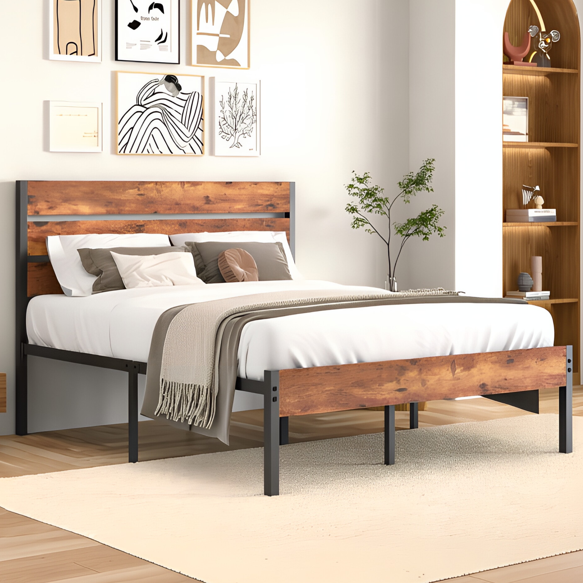 VECELO Platform Bed Frame with Rustic Vintage Wood Headboard/Strong Metal Slats Support