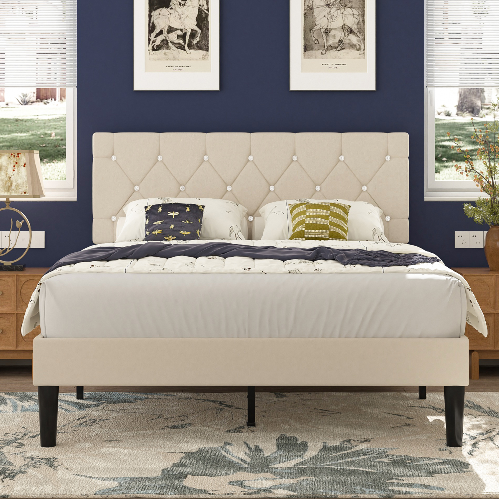 VECELO Twin Size Bed Frame, Upholstered Platform with Adjustable Diamond Tufted Headboard