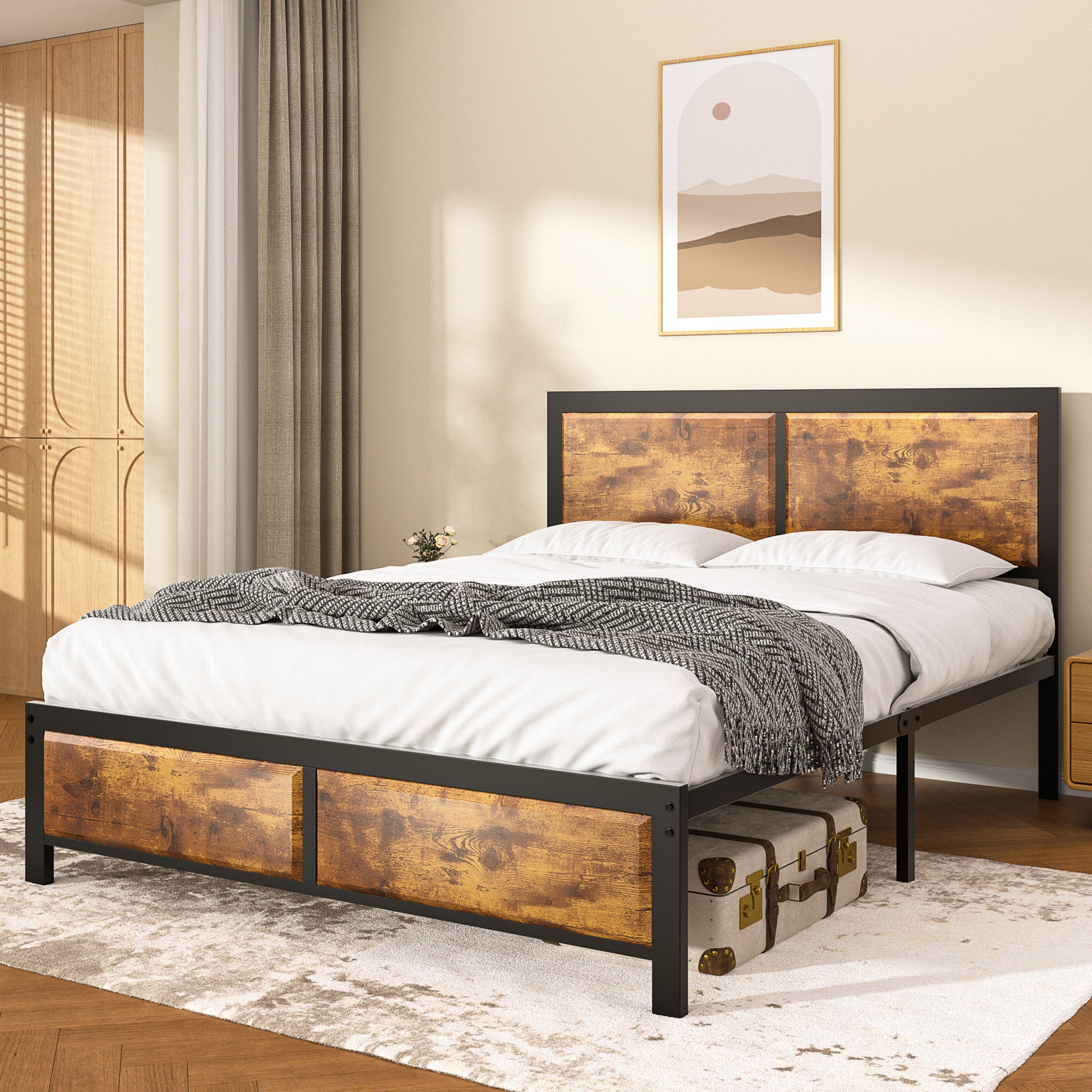 VECELO Platform Bed Frame, Mattress Foundation with Rustic Vintage Wood Headboard