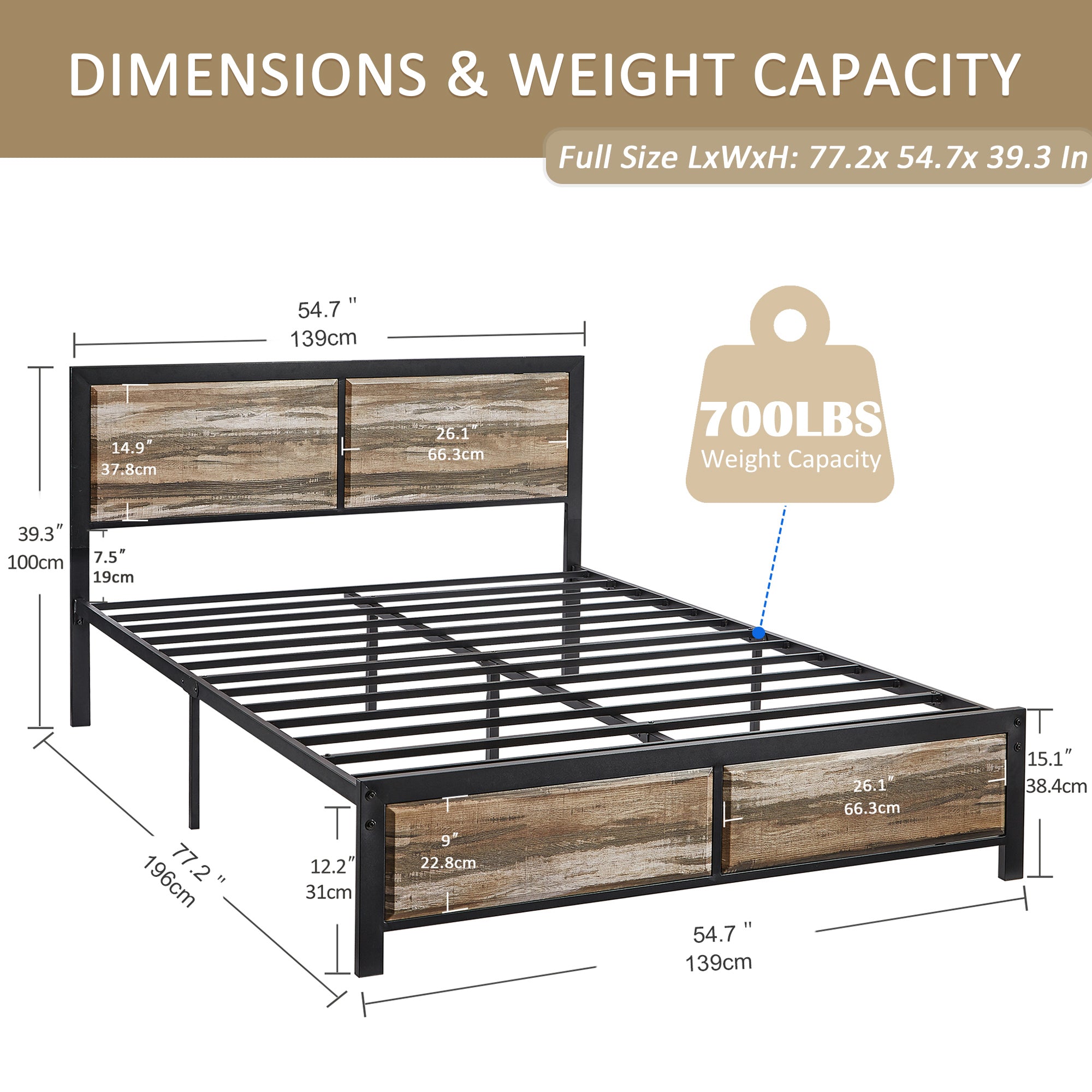 VECELO Platform Bed Frame, Mattress Foundation with Rustic Vintage Wood Headboard