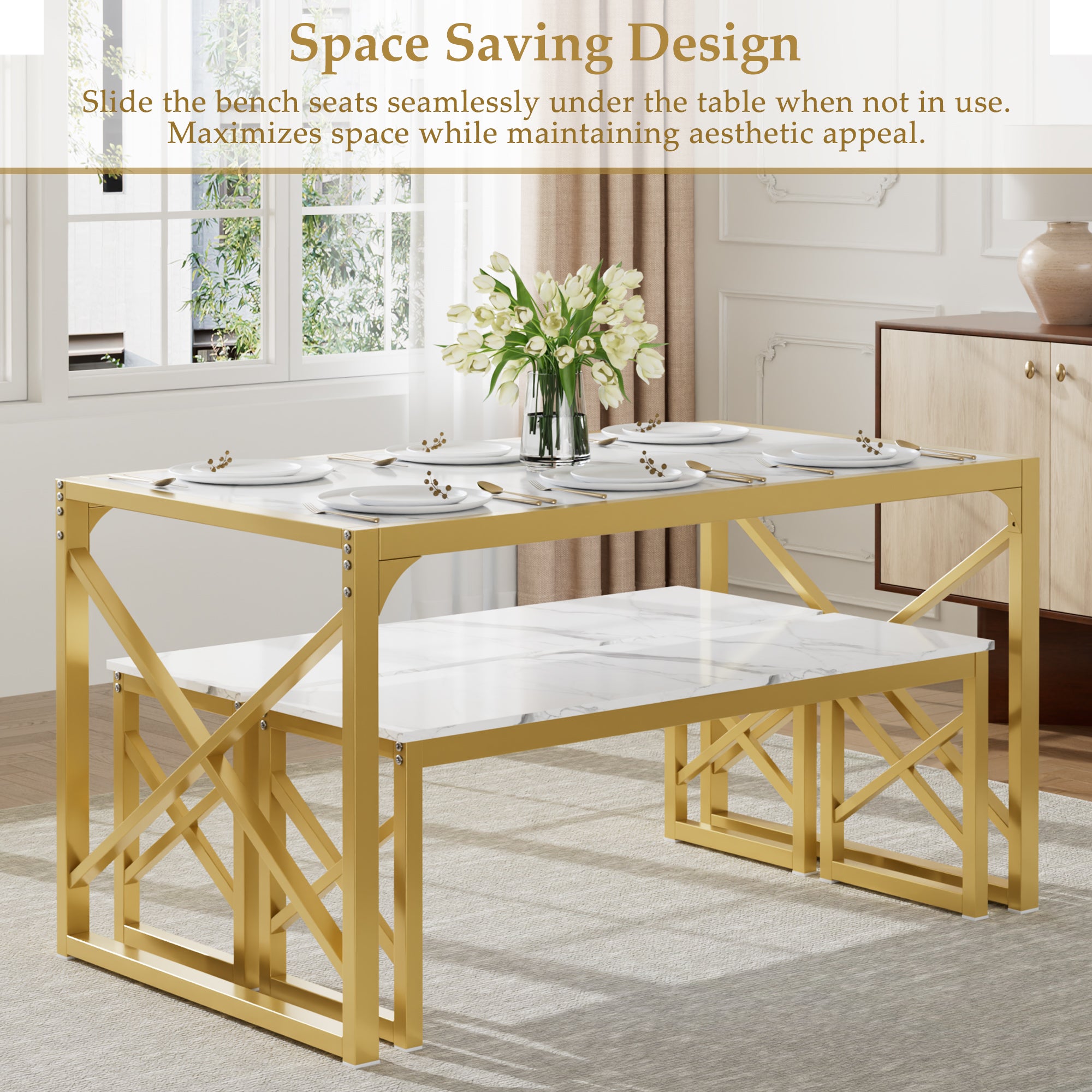 VECELO Kitchen Table with 2 Benches for 4 - VECELO