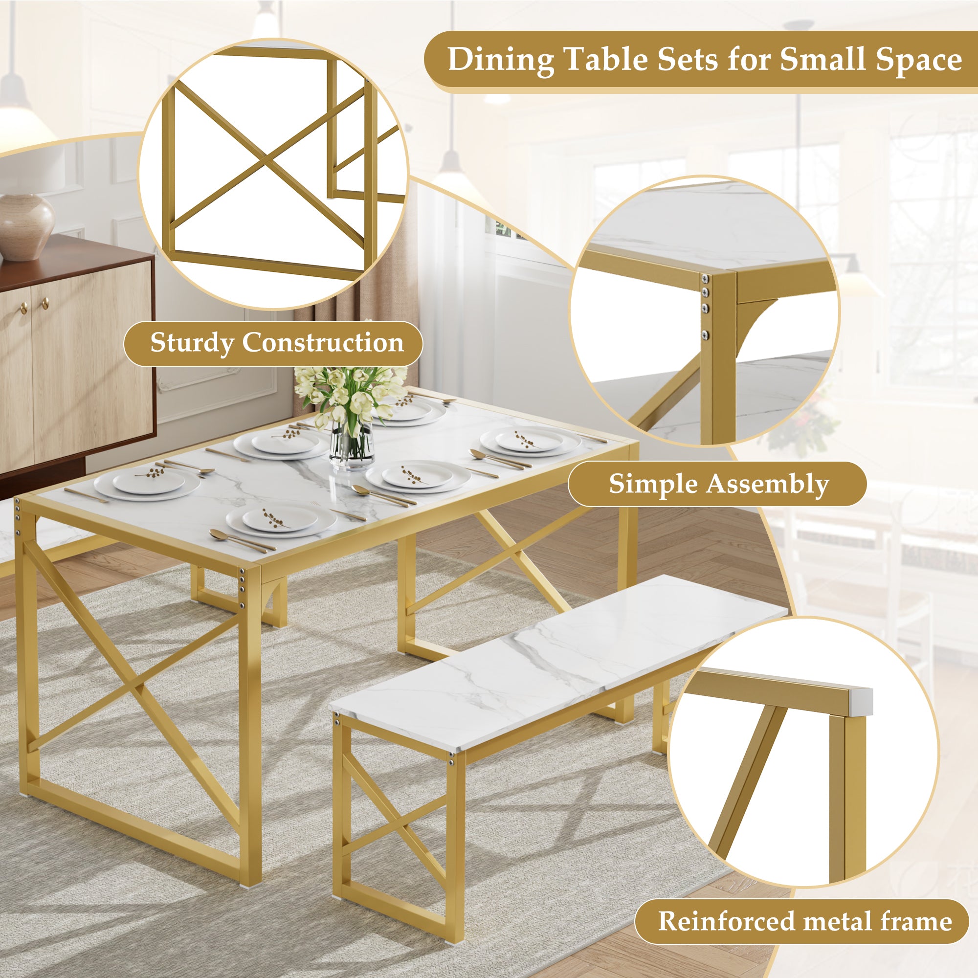 VECELO Kitchen Table with 2 Benches for 4 - VECELO