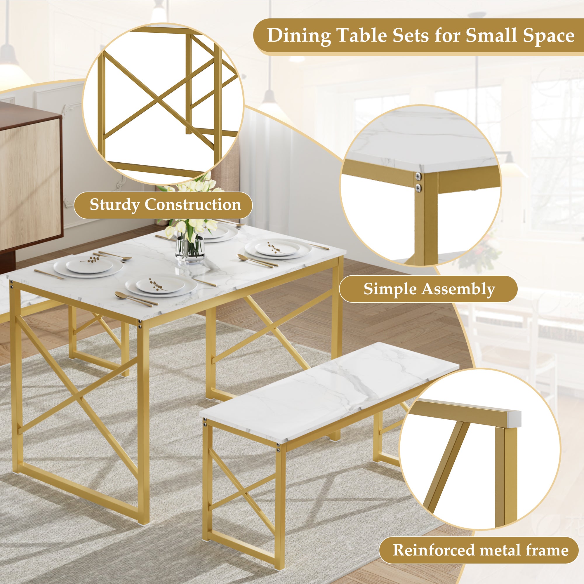 VECELO Kitchen Table with 2 Benches for 4 - VECELO