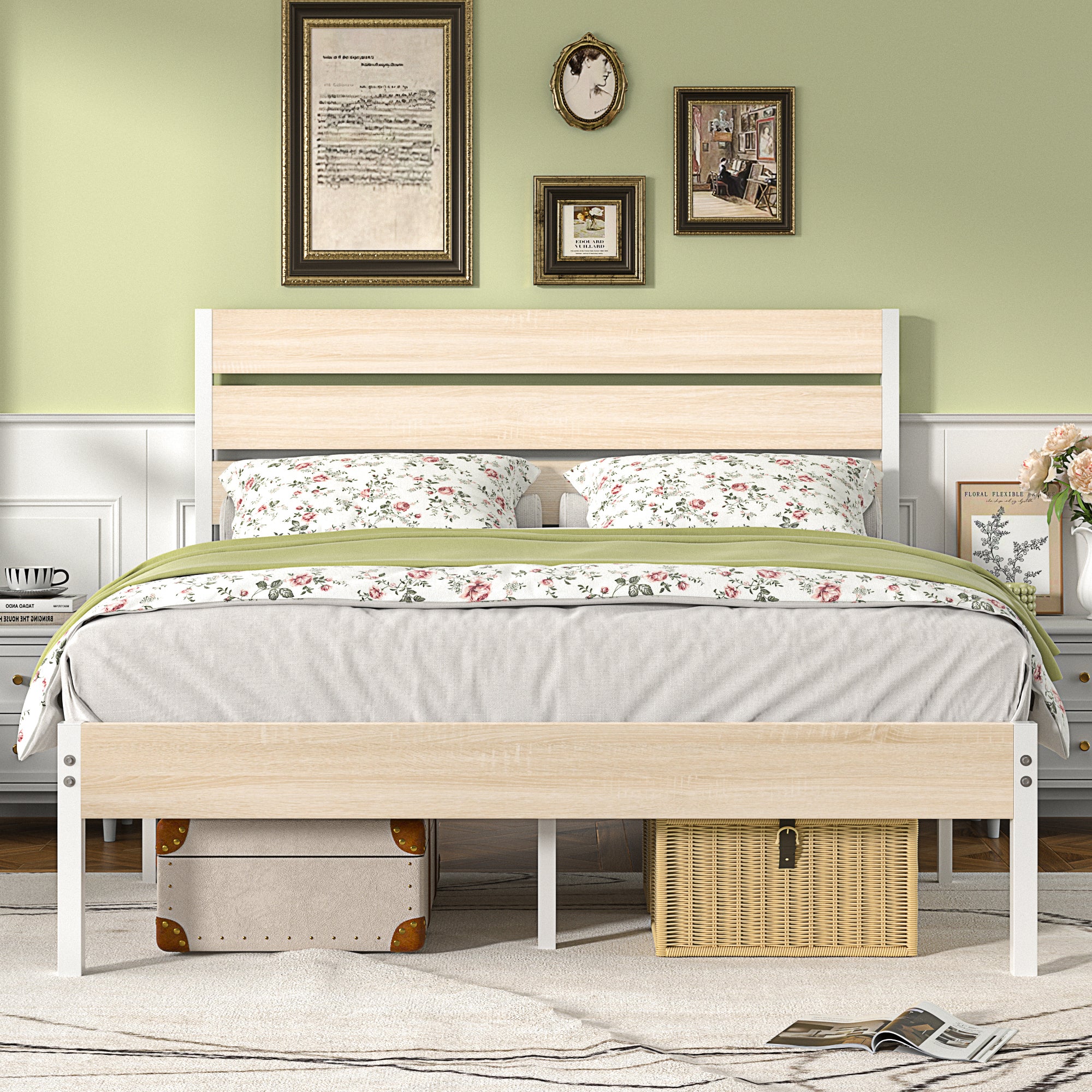 VECELO Platform Bed Frame with Rustic Vintage Wood Headboard/Strong Metal Slats Support