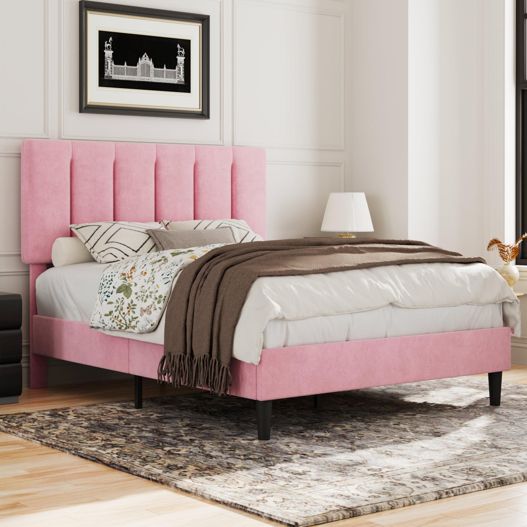 VECELO Modern Upholstered Platform Bedframe, Adjustable Headboard - VECELO