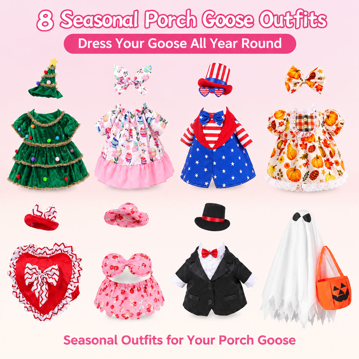 VECELO All Season Holiday Porch Goose Outfits Set of 8 23 inch