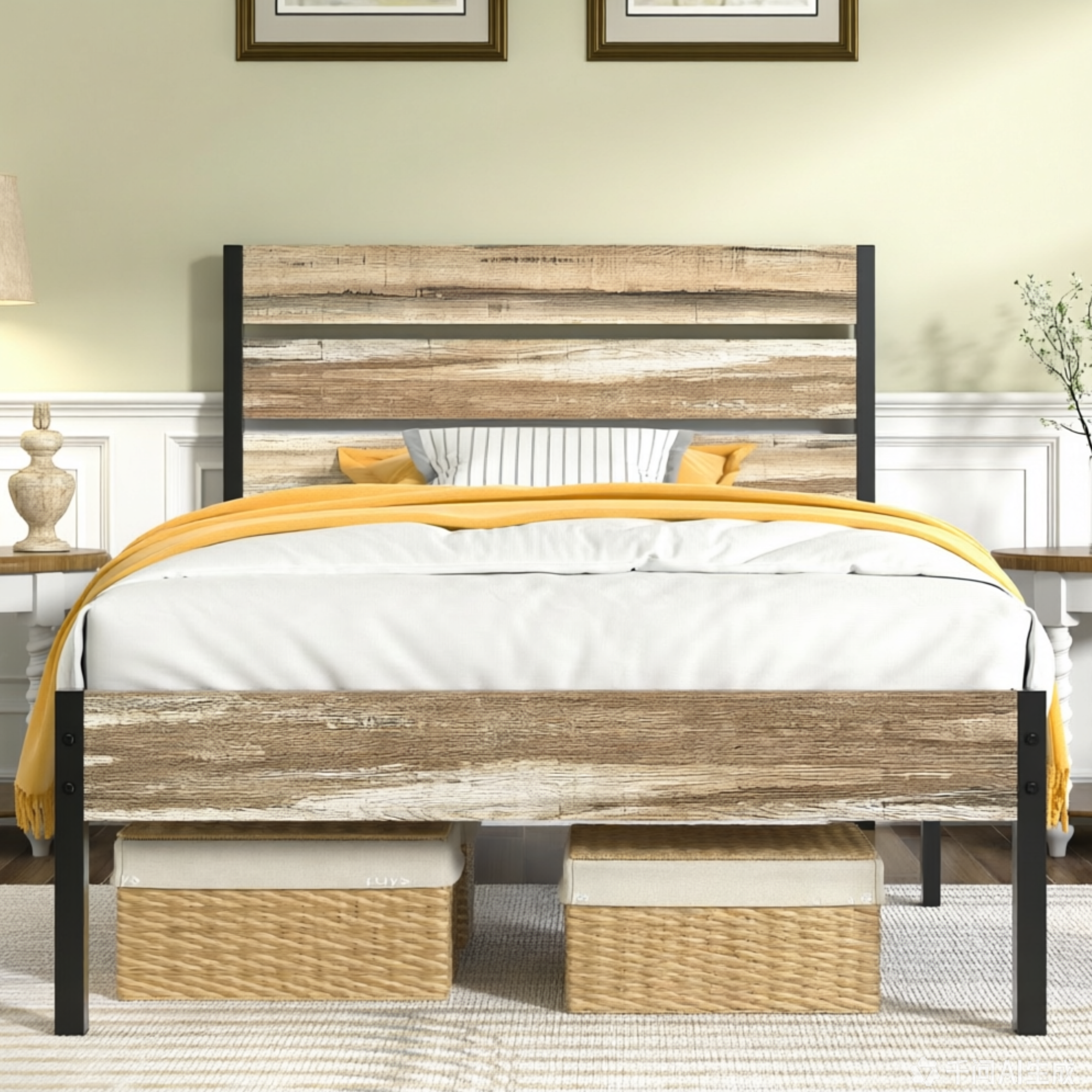 VECELO Platform Bed Frame with Rustic Vintage Wood Headboard/Strong Metal Slats Support