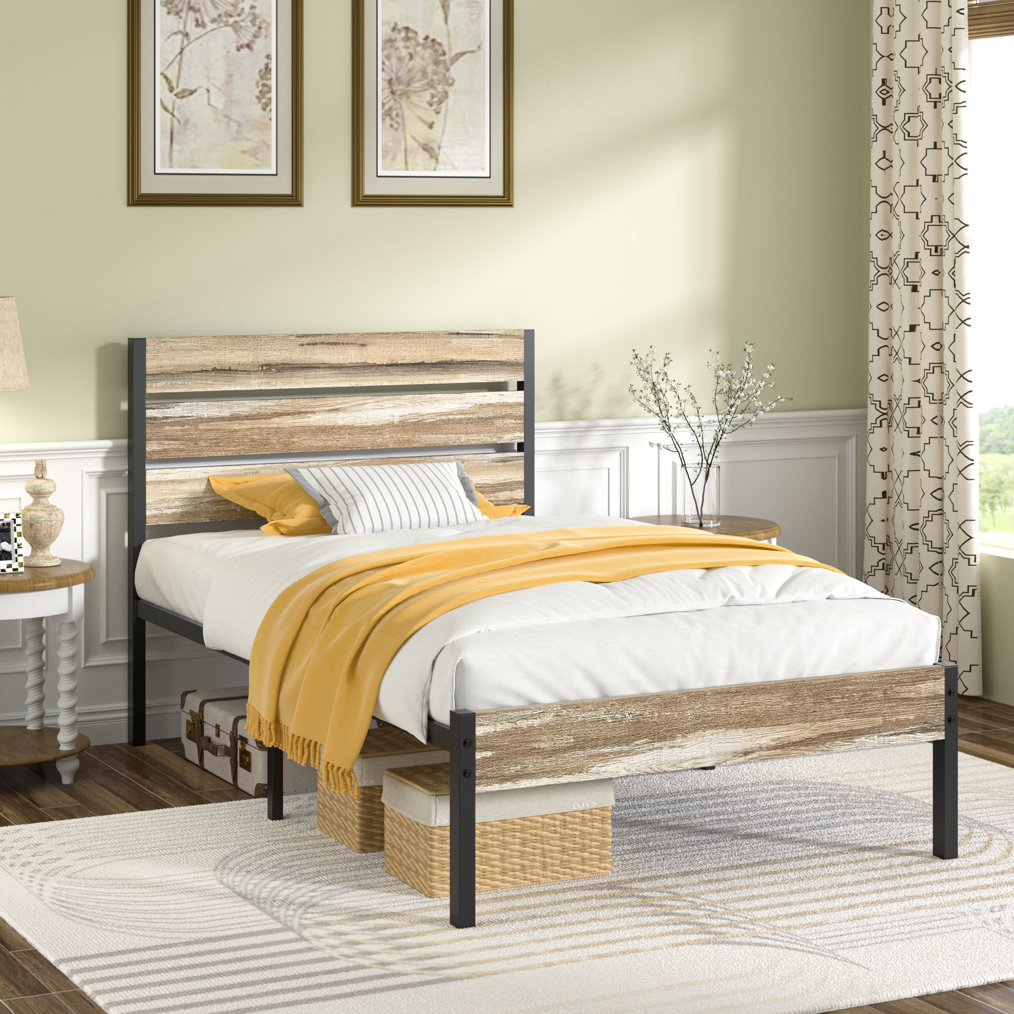 VECELO Platform Bed Frame with Rustic Vintage Wood Headboard/Strong Metal Slats Support