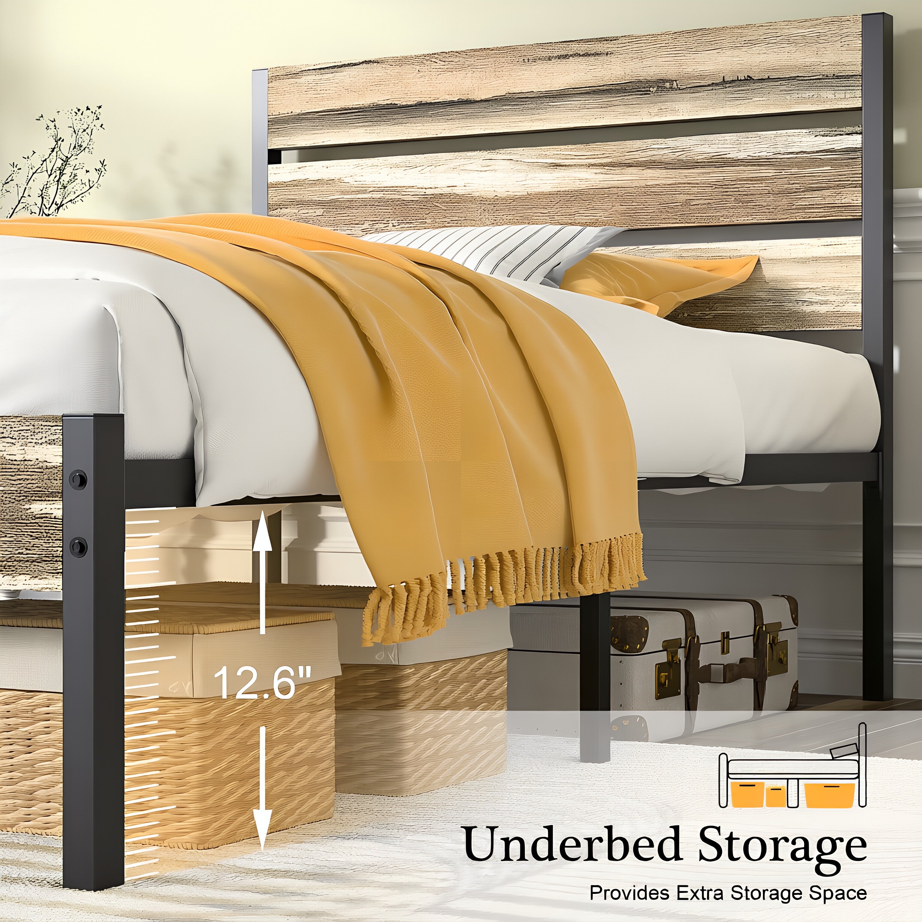 VECELO Platform Bed Frame with Rustic Vintage Wood Headboard/Strong Metal Slats Support