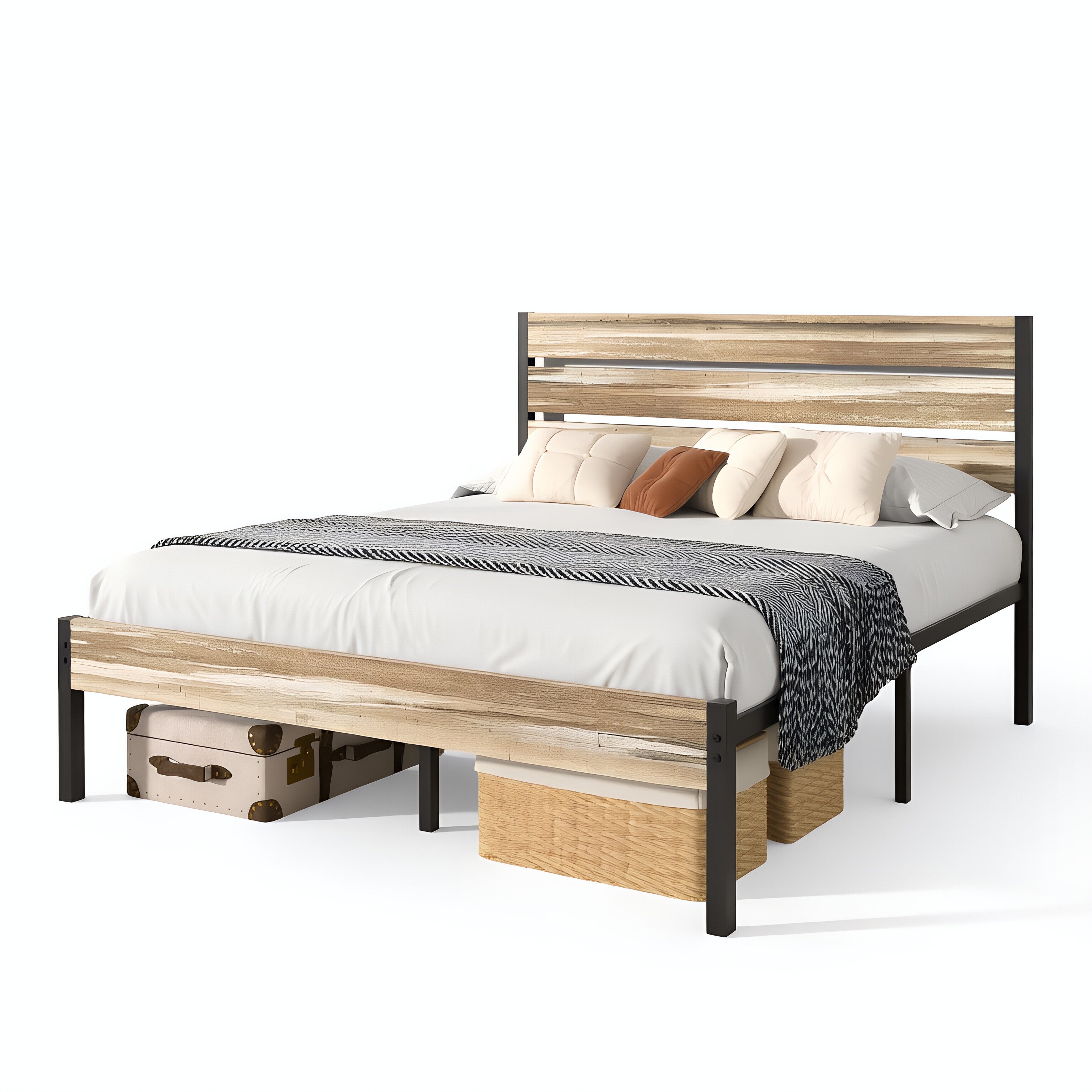 VECELO Platform Bed Frame with Rustic Vintage Wood Headboard/Strong Metal Slats Support