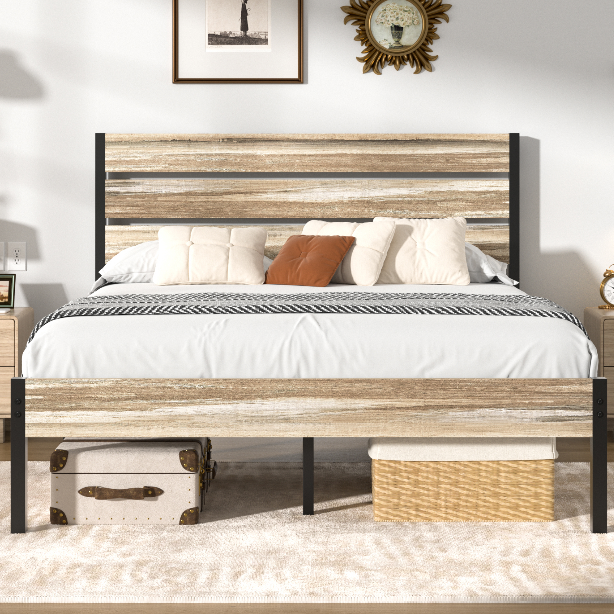 VECELO Platform Bed Frame with Rustic Vintage Wood Headboard/Strong Metal Slats Support