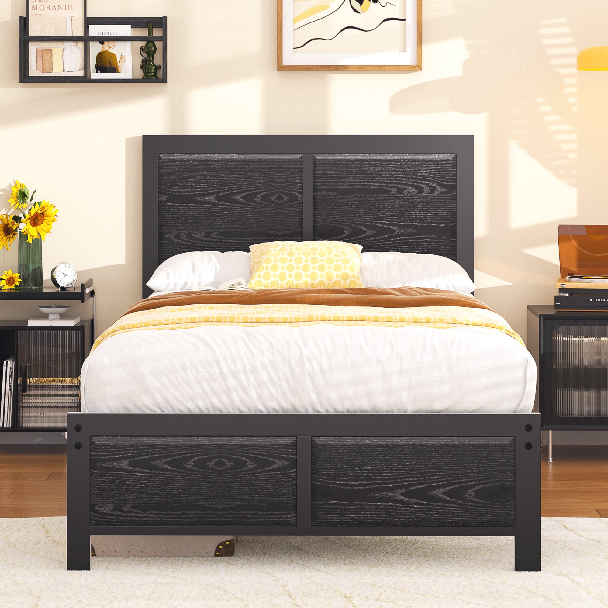 VECELO Platform Bed Frame, Mattress Foundation with Rustic Vintage Wood Headboard