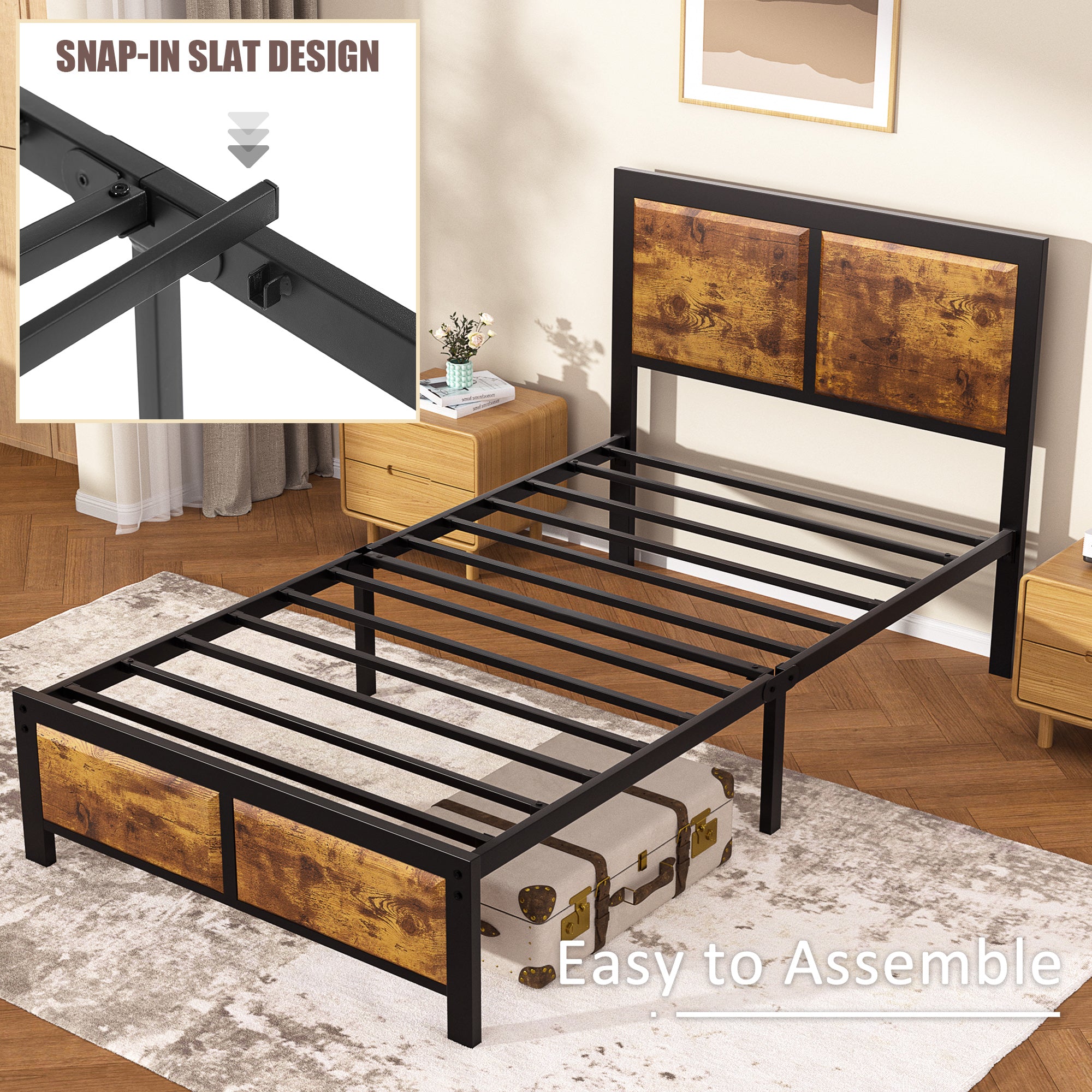 VECELO Platform Bed Frame, Mattress Foundation with Rustic Vintage Wood Headboard