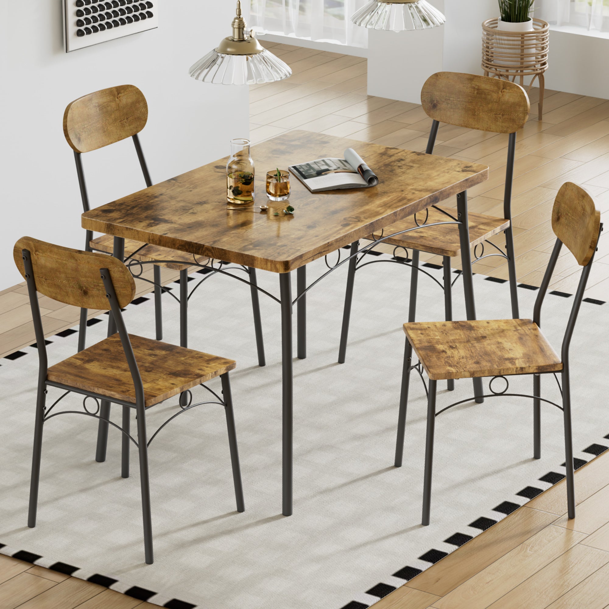 VECELO Farmhouse Style 5 Piece Dining Table Set Metal and Wood Rectangular Table with 4 Chairs