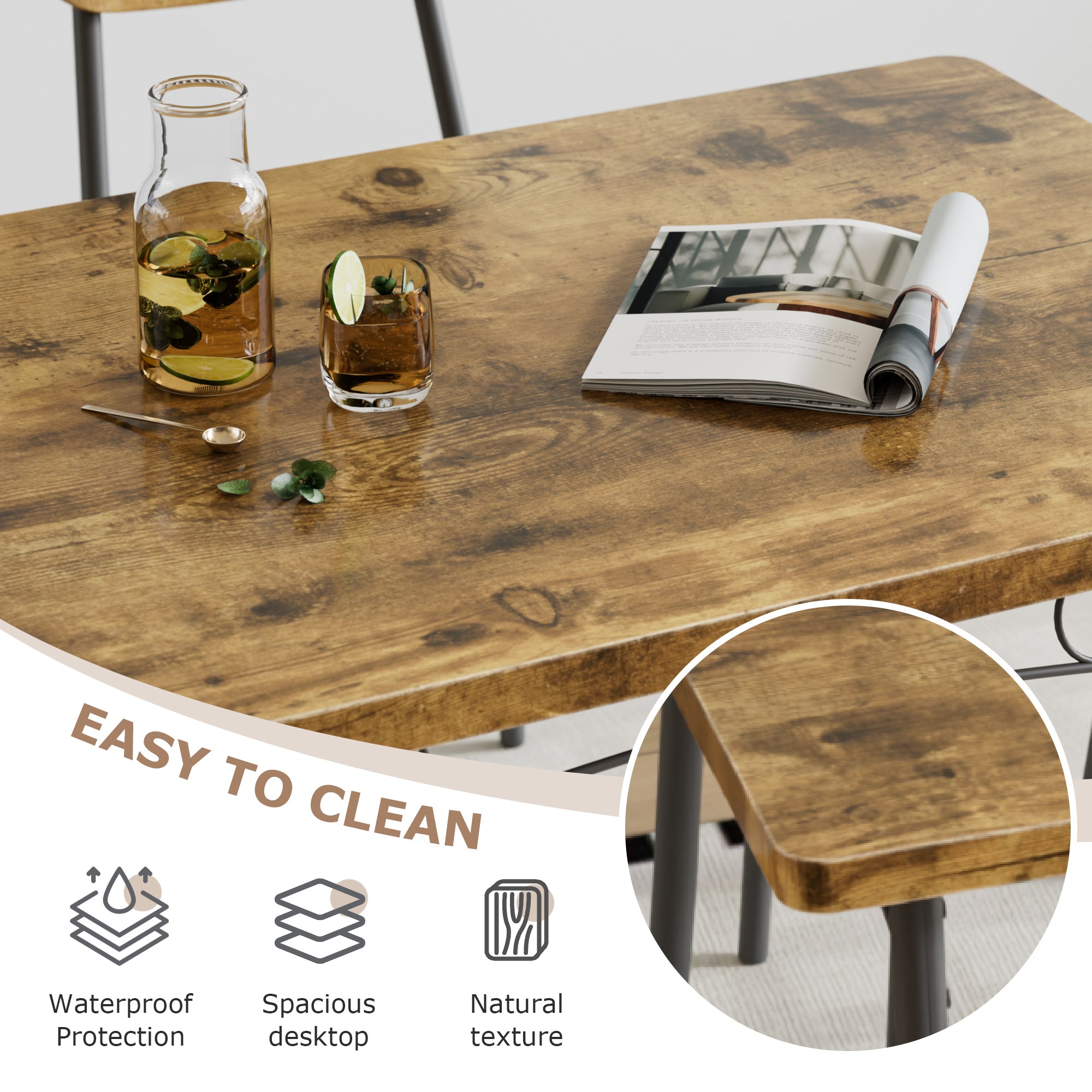 VECELO Farmhouse Style 5 Piece Dining Table Set Metal and Wood Rectangular Table with 4 Chairs - VECELO