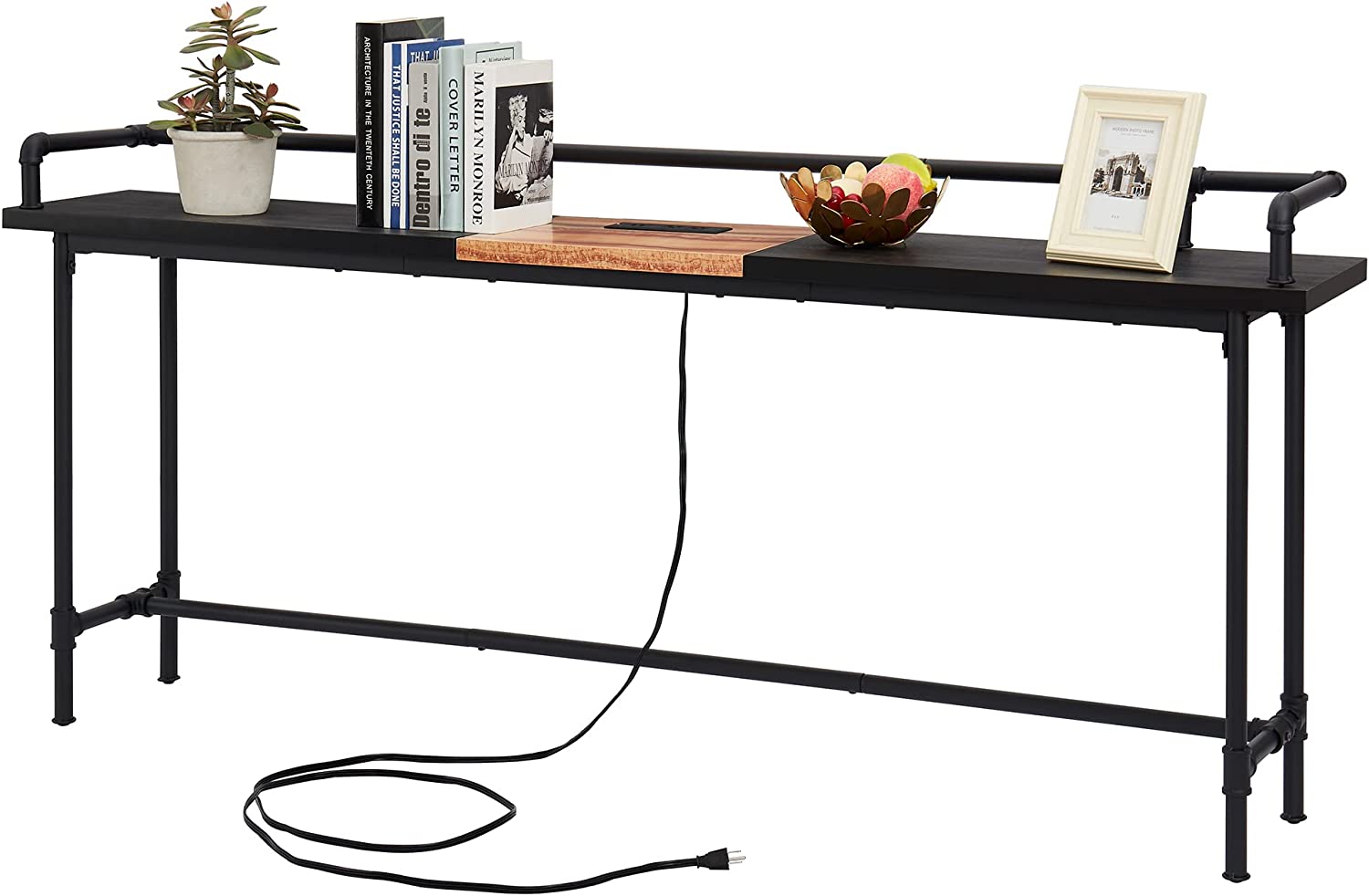 VECELO Extra Long Console/Sofa Table with Charging Station&Power Outle