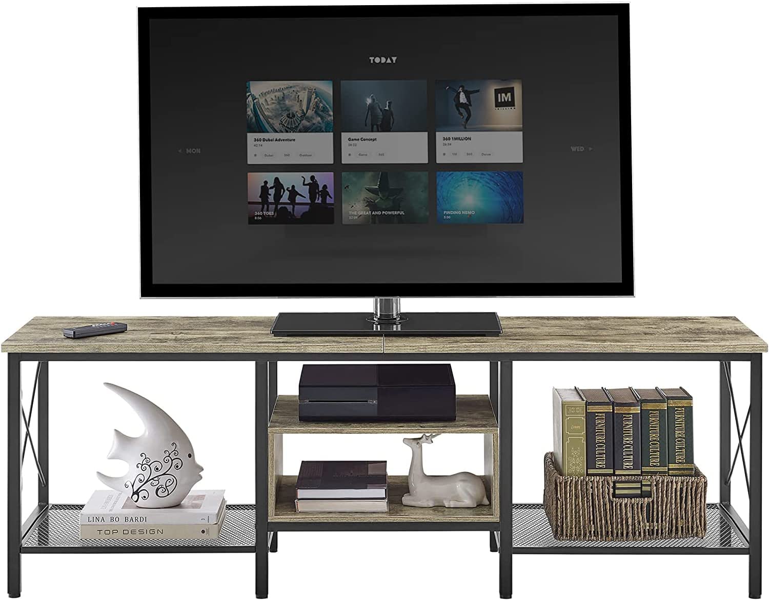 VECELO Industrial TV Stand Television Cabinet 3-Tier Console with Open Storage Shelves, Entertainment Center with Metal Frame for Living Room - VECELO