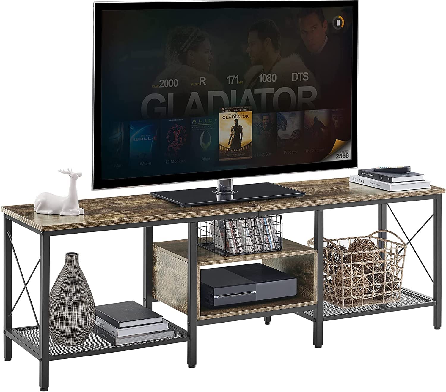 VECELO Industrial TV Stand Television Cabinet 3-Tier Console with Open Storage Shelves, Entertainment Center with Metal Frame for Living Room - VECELO