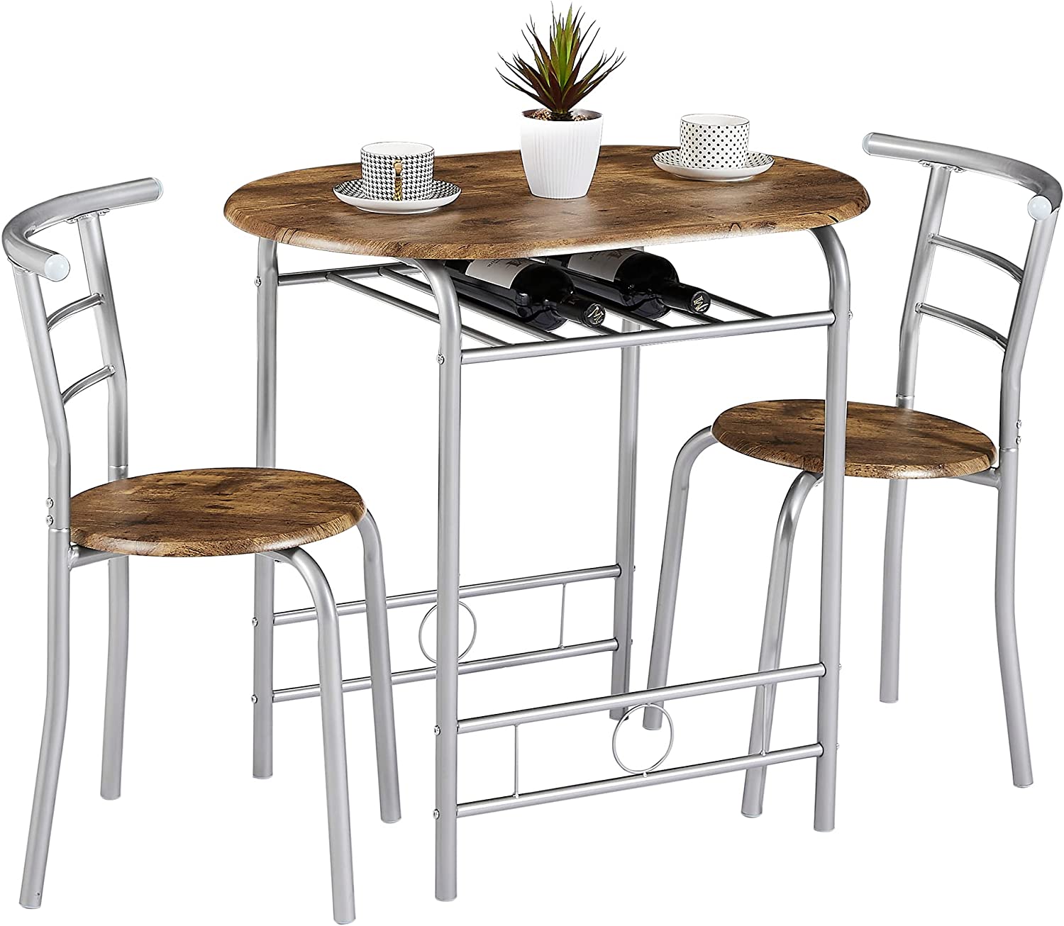 VECELO 3 Piece Wood Round Table & Chair Set with Wine Storage Rack for Dining Room Kitchen Bar Breakfast - VECELO