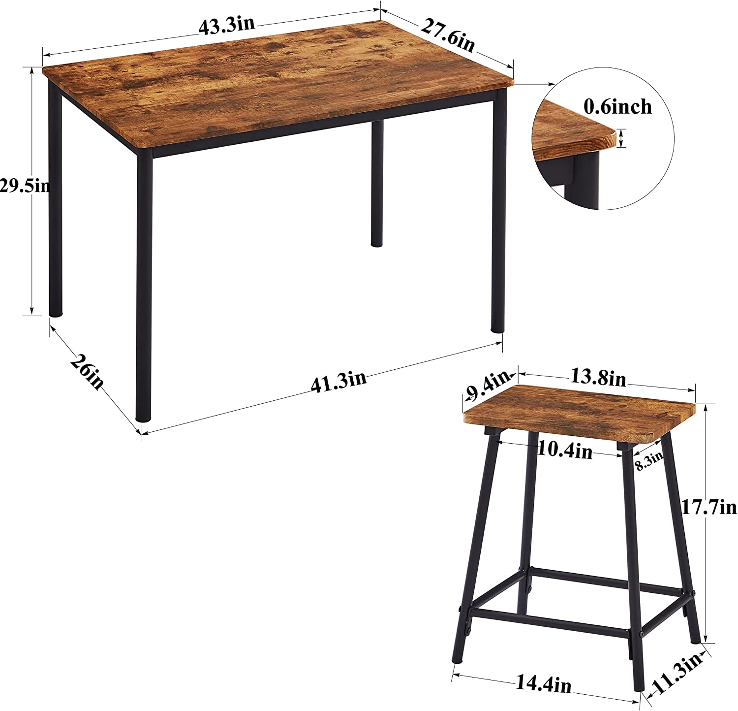 VECELO 5-Piece Dining Table Set Metal and Wood Kitchen Furniture with 4 Stools