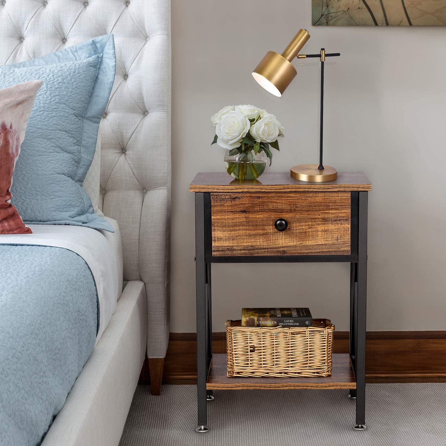 Versatile Nightstands X-Design Side End Table with Bin Drawer