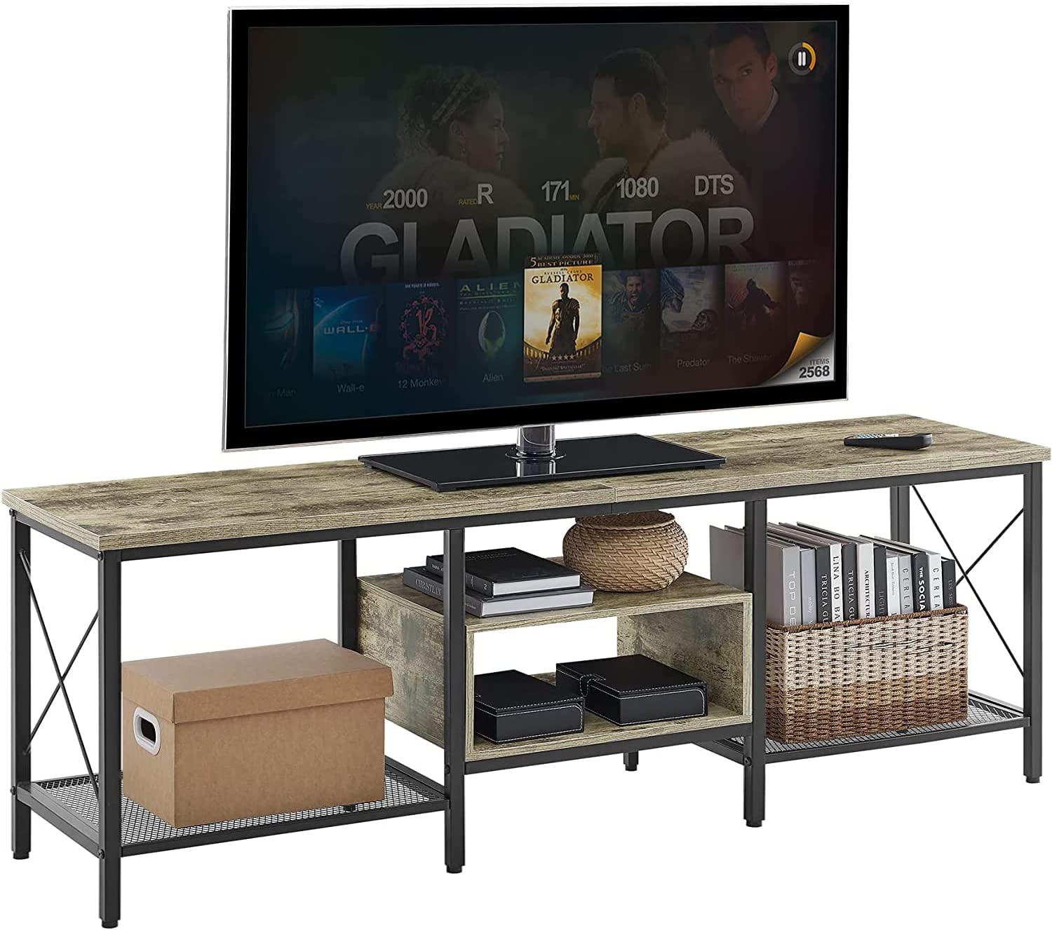 VECELO Industrial TV Stand Television Cabinet 3-Tier Console with Open Storage Shelves, Entertainment Center with Metal Frame for Living Room - VECELO
