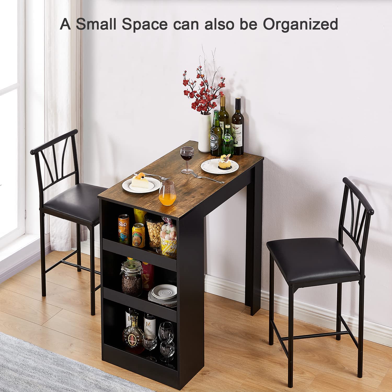 VECELO Small Bar Table and Chairs Tall Kitchen Breakfast Nook with Stools/Dining Set for 2 - VECELO