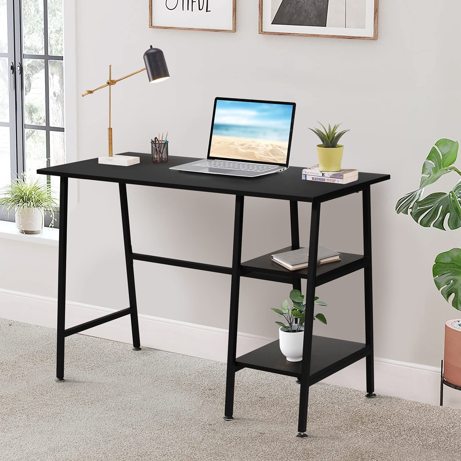 VECELO Computer Writing Desk with 2 Tier Storage Shelves, Modern Simple Student Study Table - VECELO