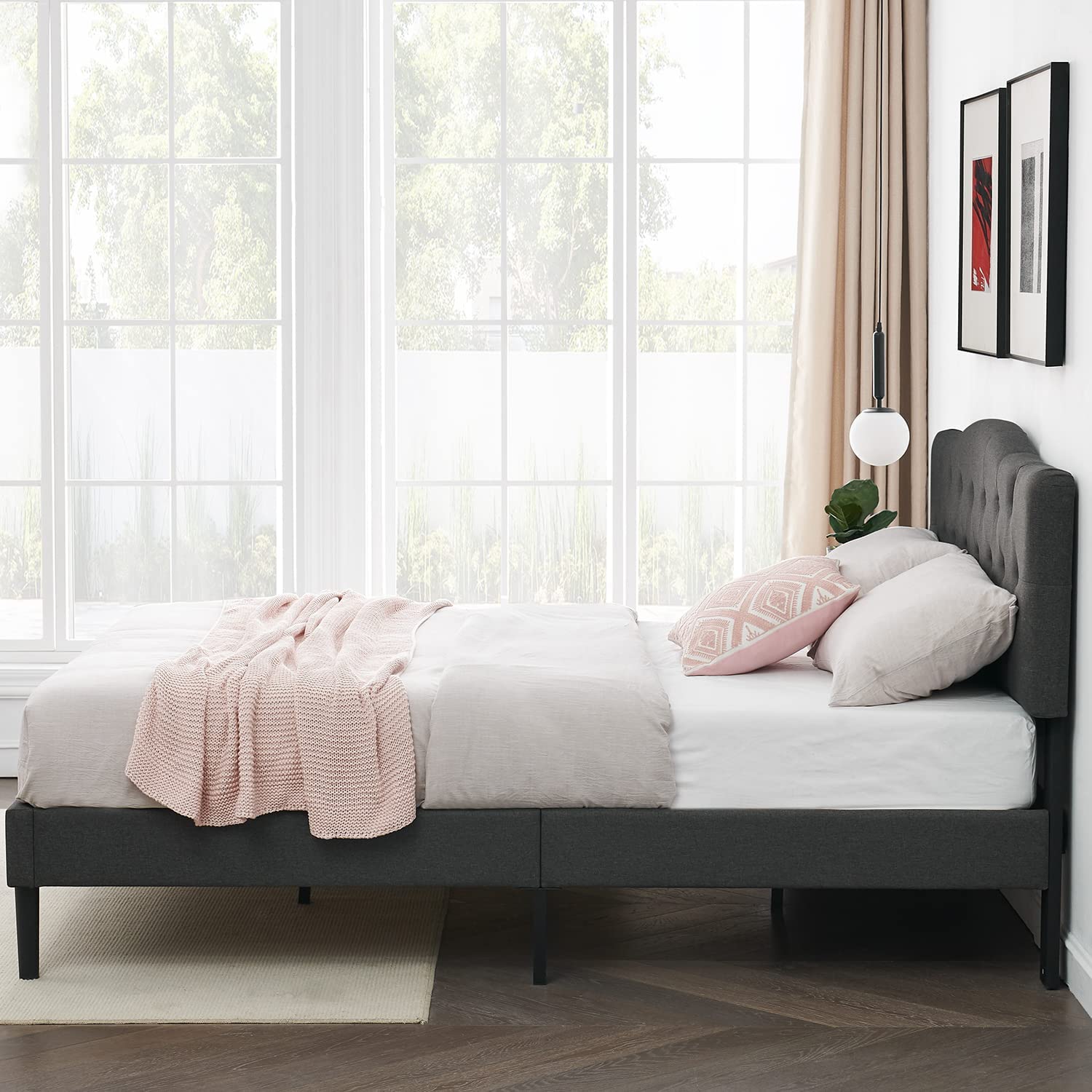 VECELO Classic Upholstered Platform Bed Frame with Diamond Stitched Cloth - VECELO